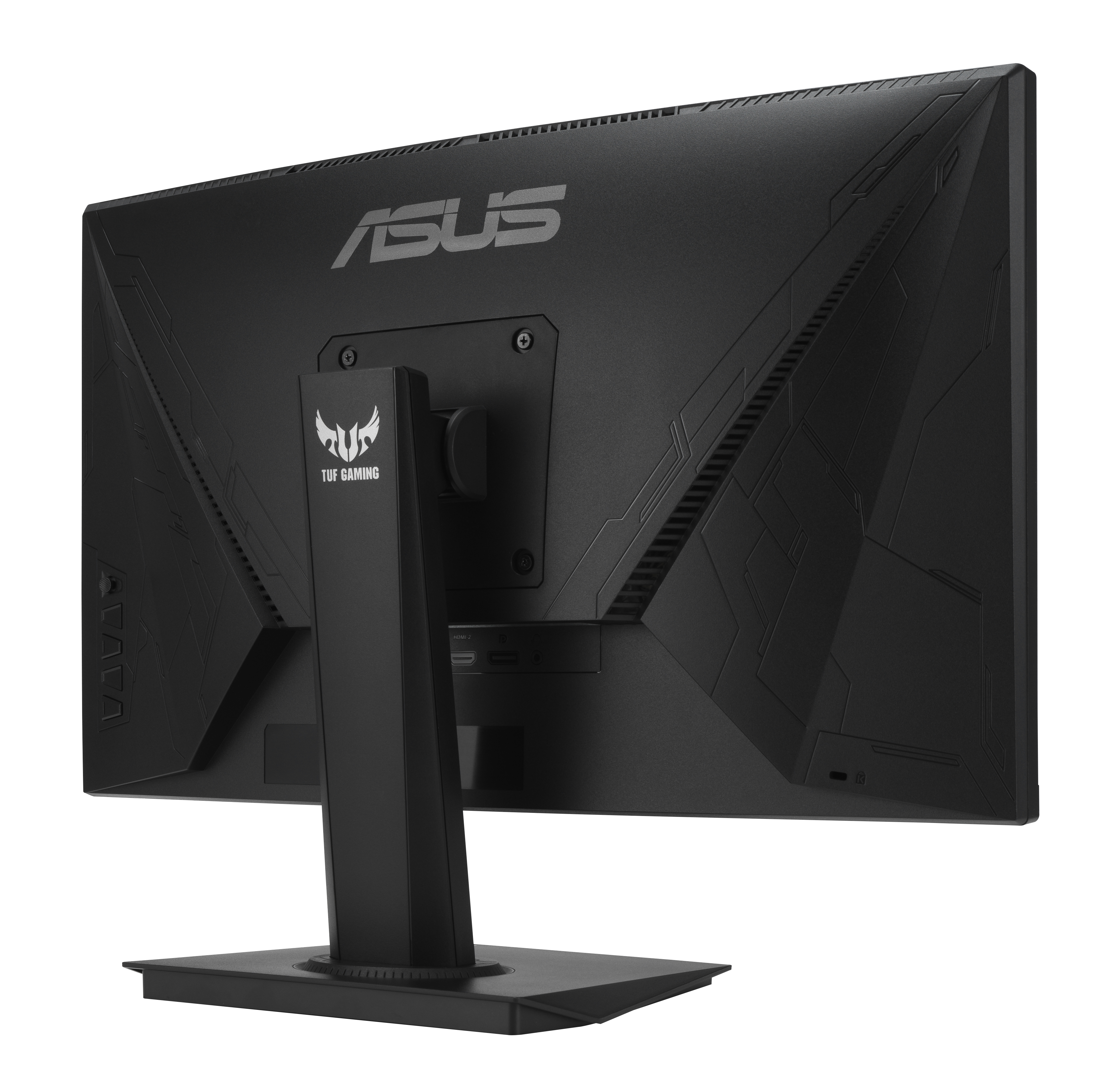 Achterkant van een zwarte gamingmonitor met het ASUS-logo. Voorzien van een standaard, poorten en een hoekig ontwerp.