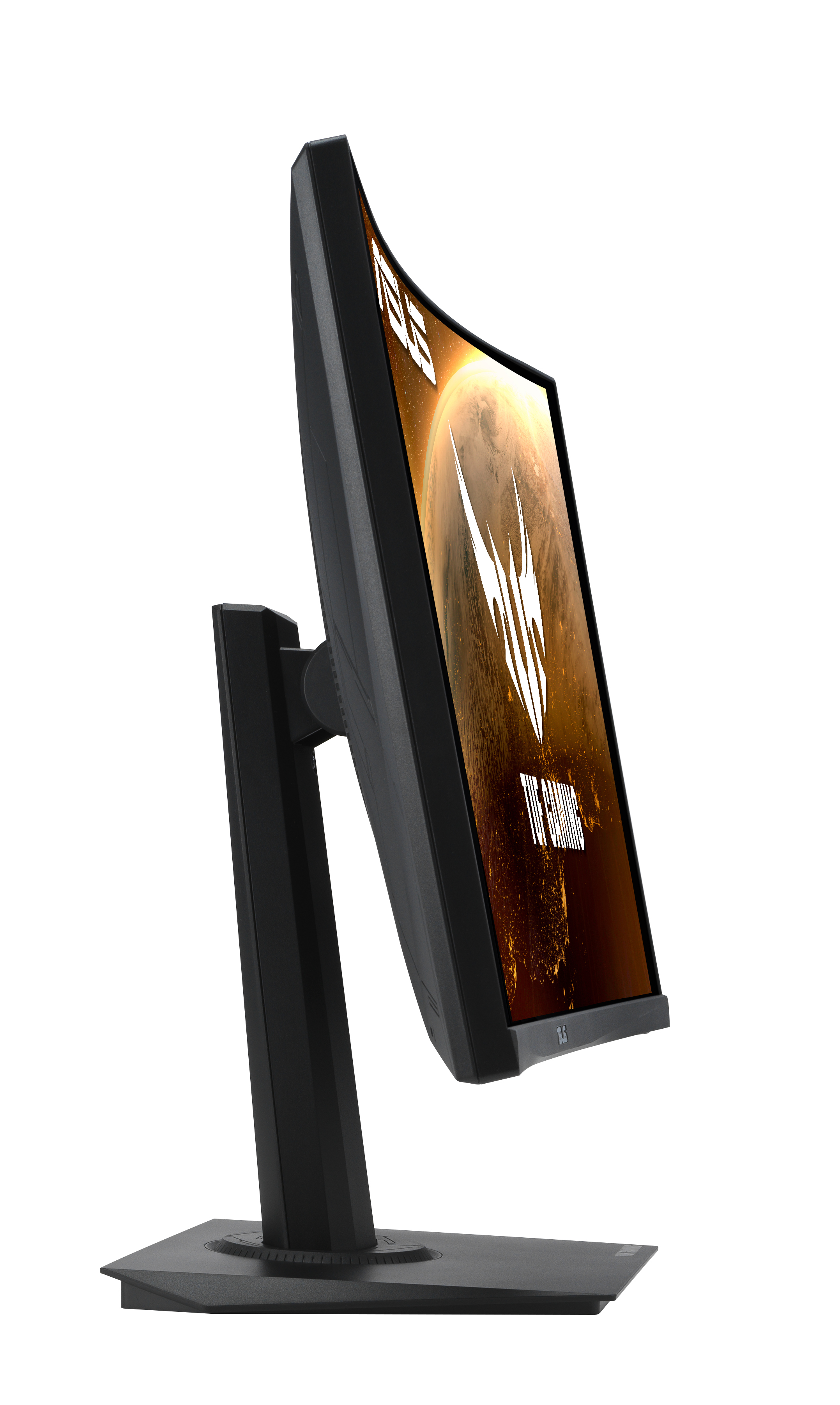 Zijaanzicht van een Acer Predator monitor, zwart met een gebogen scherm, op een witte achtergrond.