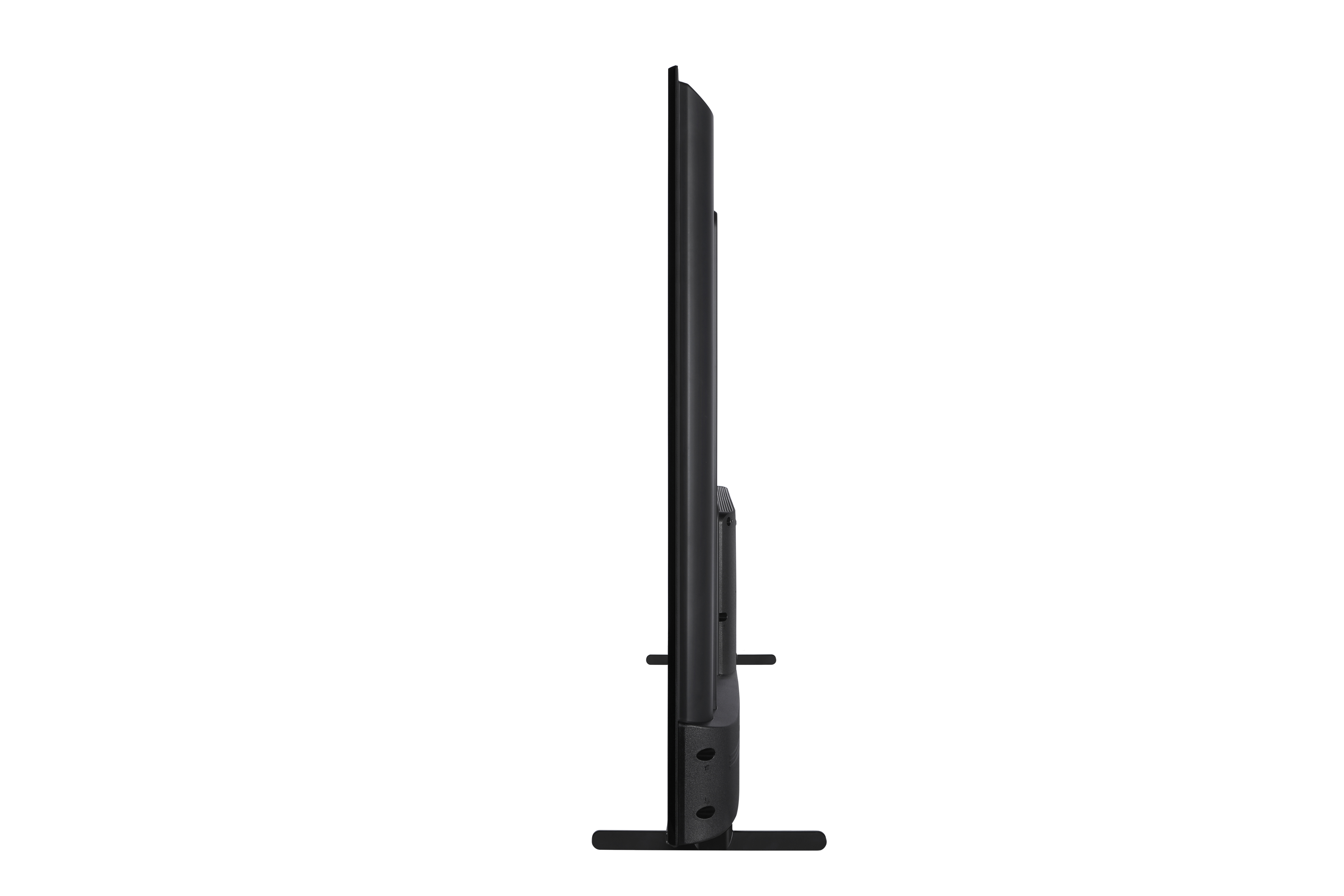 Een zijaanzicht van een zwarte televisie op een standaard, met zijn slanke profiel.