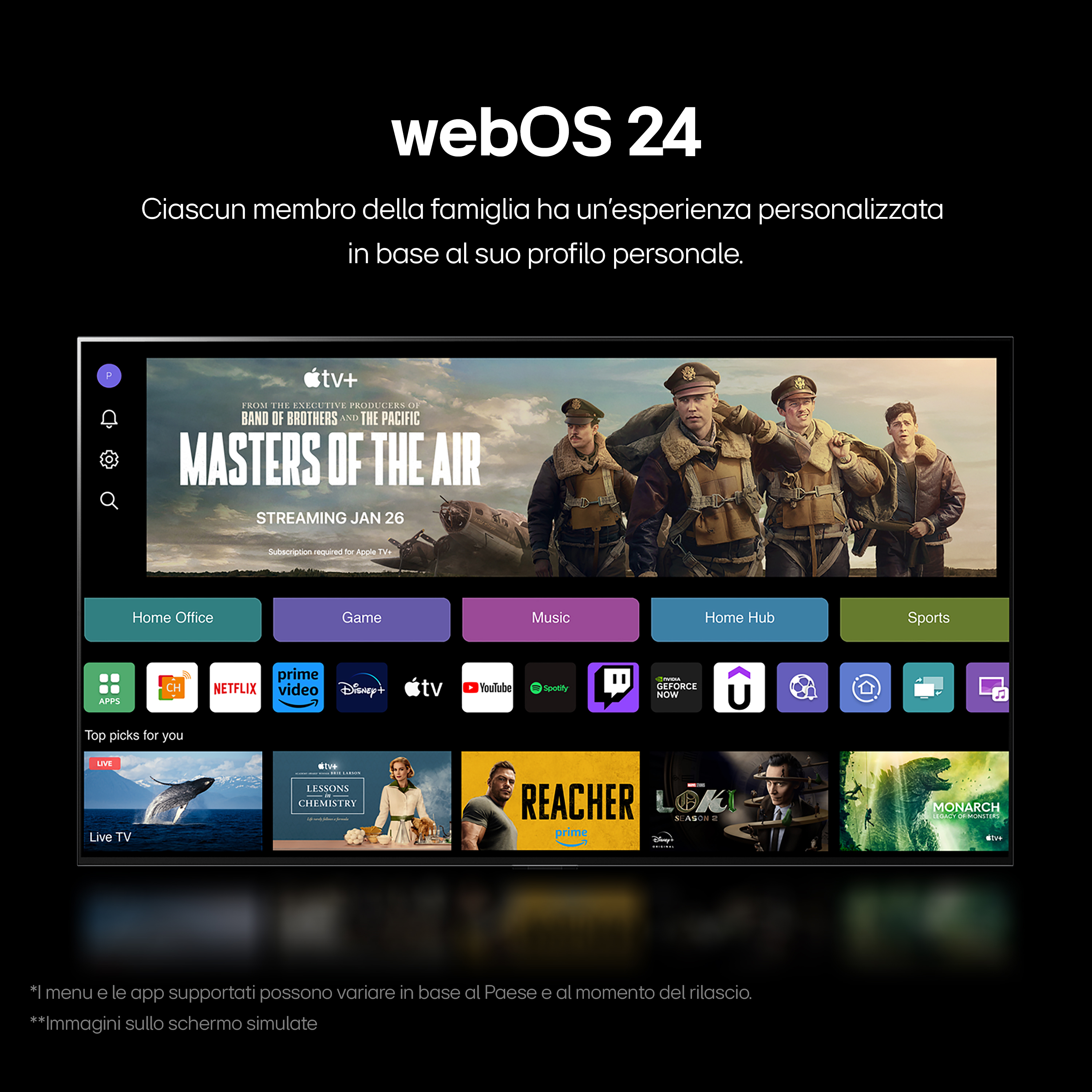 Ekran telewizora wyświetlający scenę z programu. Ikony aplikacji na dole.