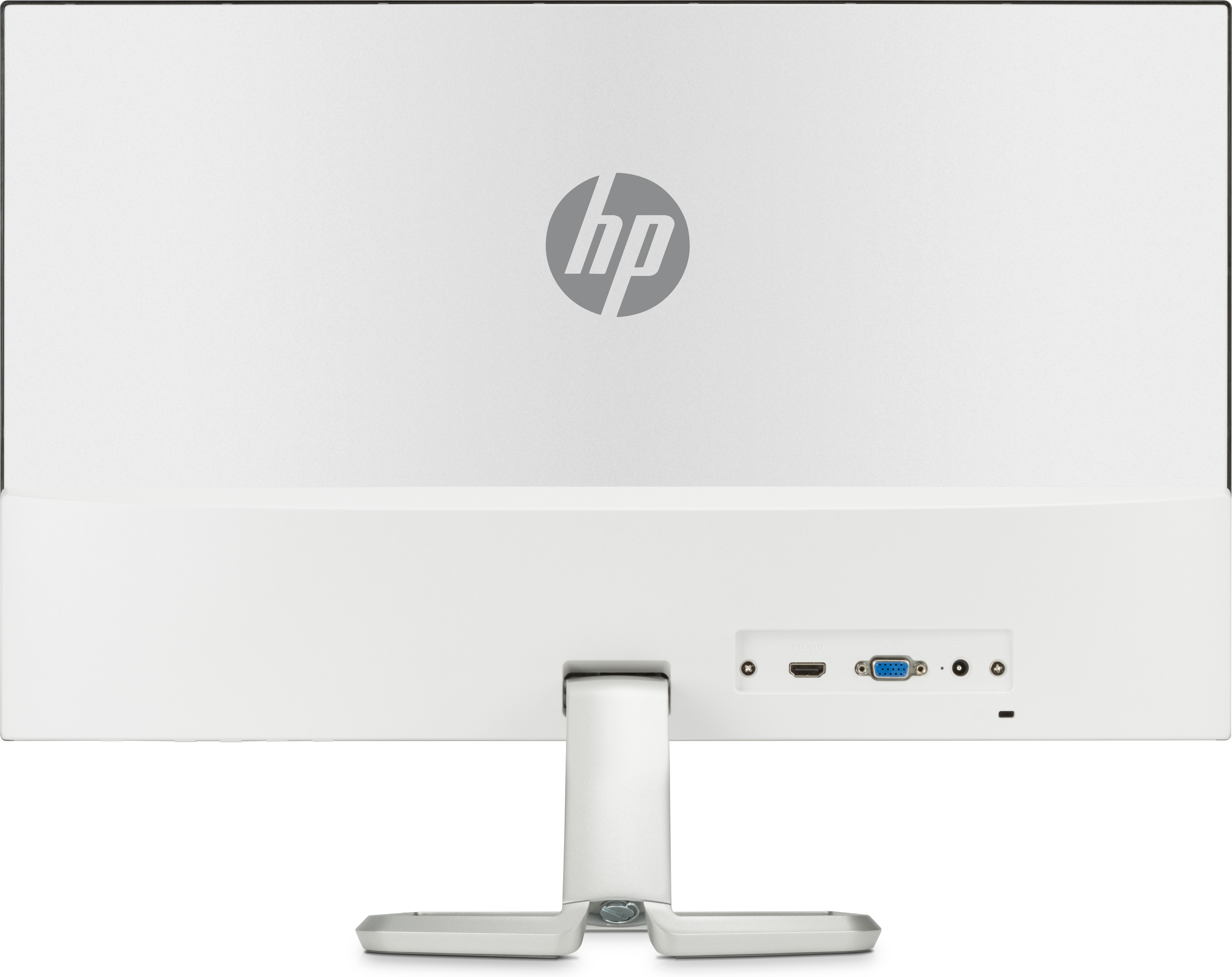 Il retro di un monitor HP bianco. Ha il logo HP, ingressi e un supporto.