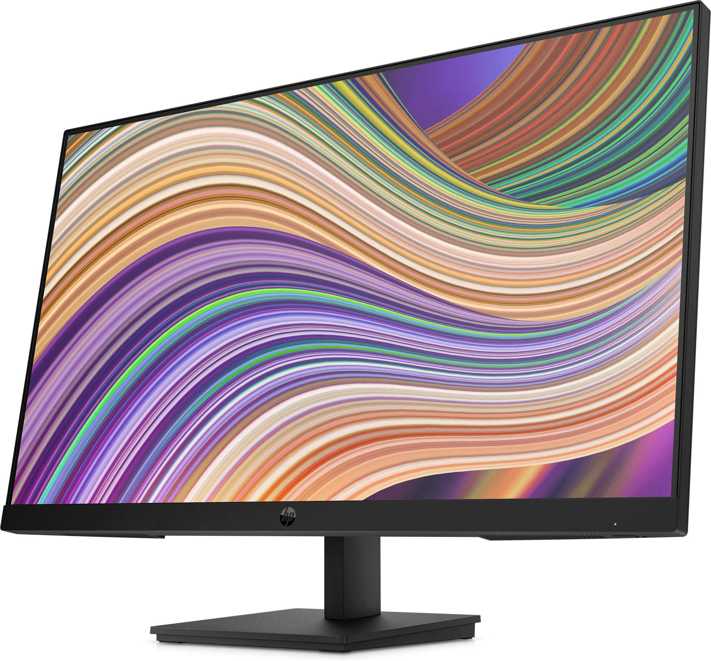 Un monitor nero con un design astratto colorato visualizzato sullo schermo, su sfondo bianco.