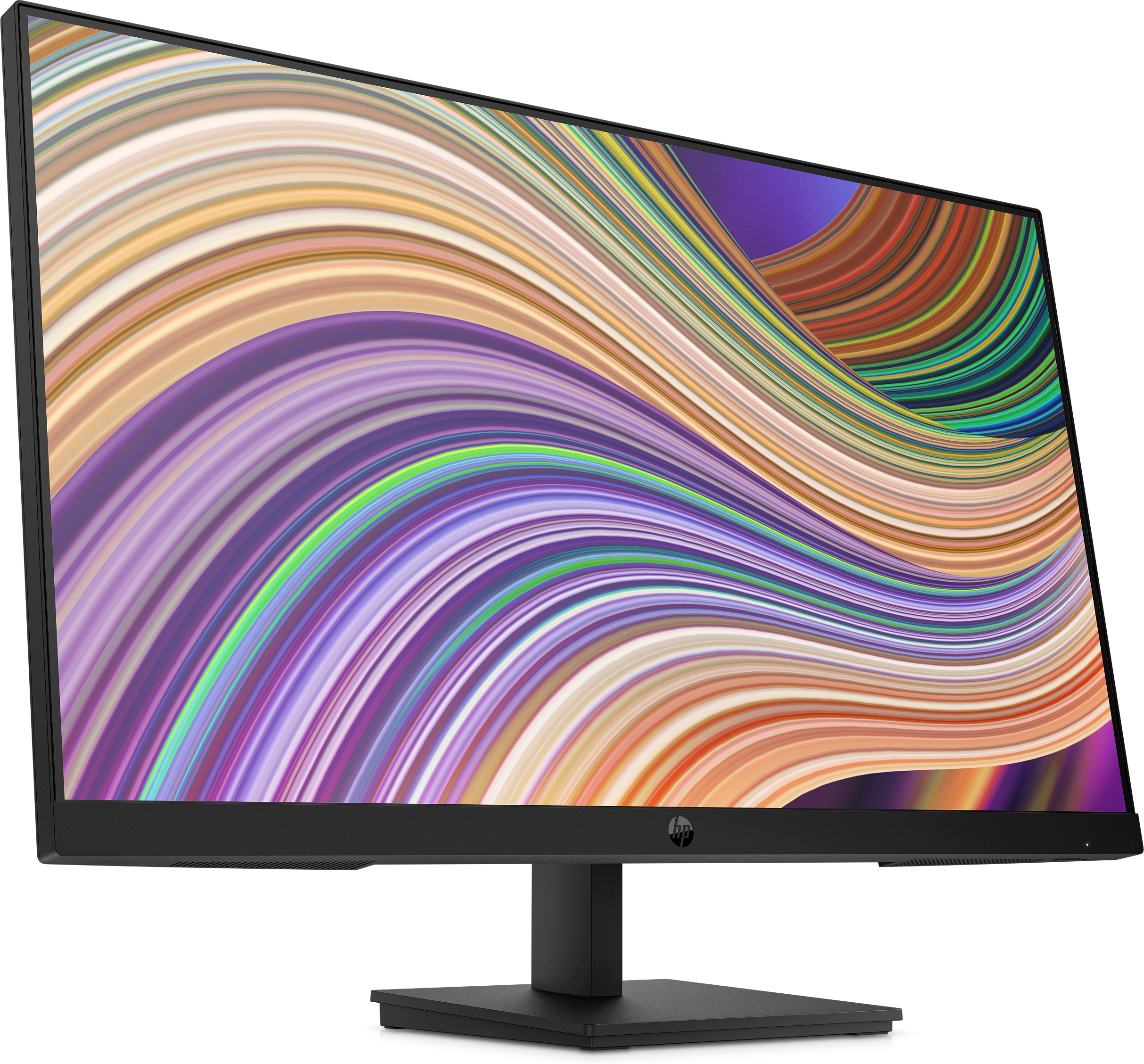 Monitor del computer che mostra arte astratta colorata. Il monitor è nero con supporto nero.