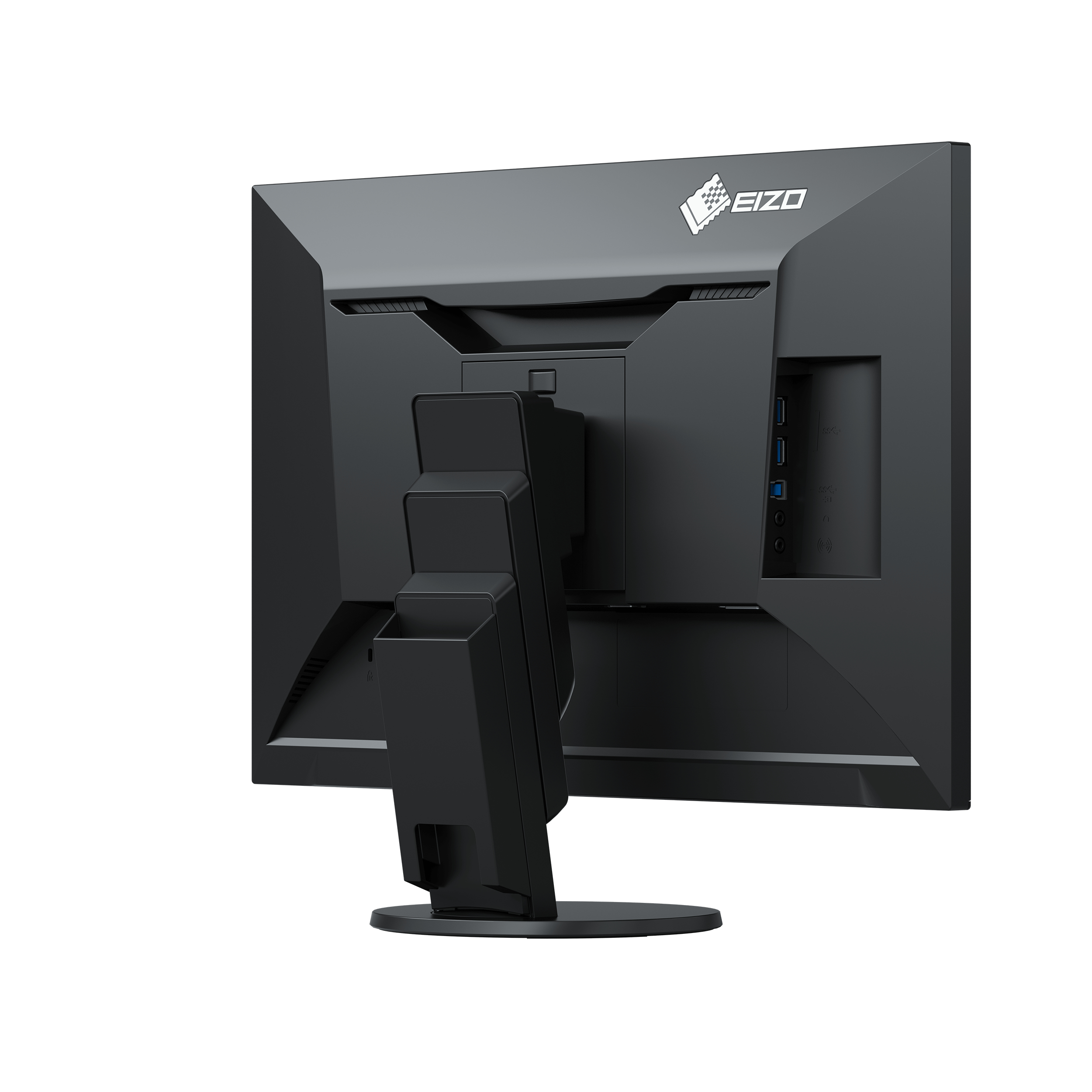 Die Rückseite eines schwarzen EIZO-Monitors mit verschiedenen Anschlüssen und einem Ständer.
