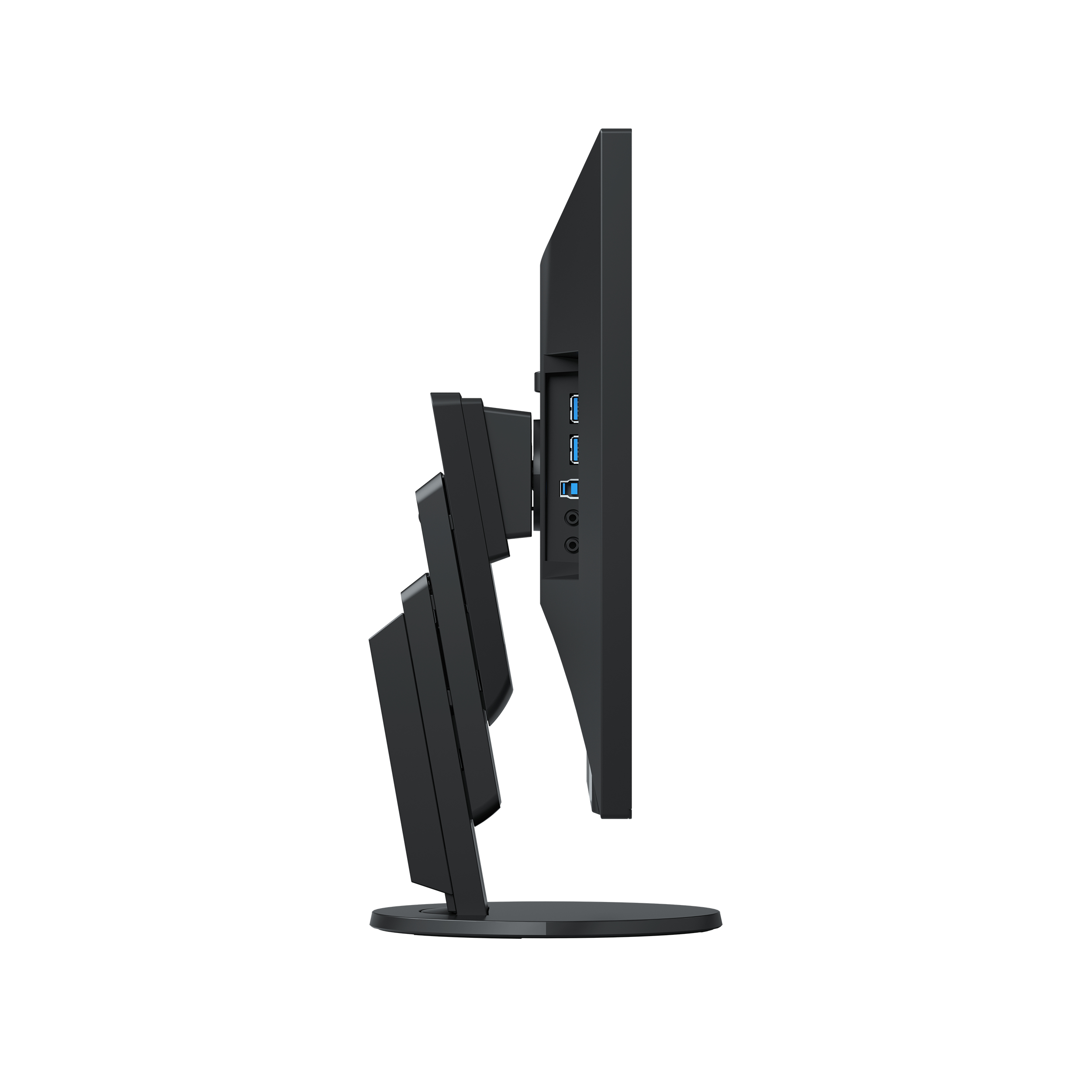 Monitor-Seitenansicht. Schwarzes, abgewinkeltes Design. Anschlüsse sichtbar. Weißer Hintergrund.