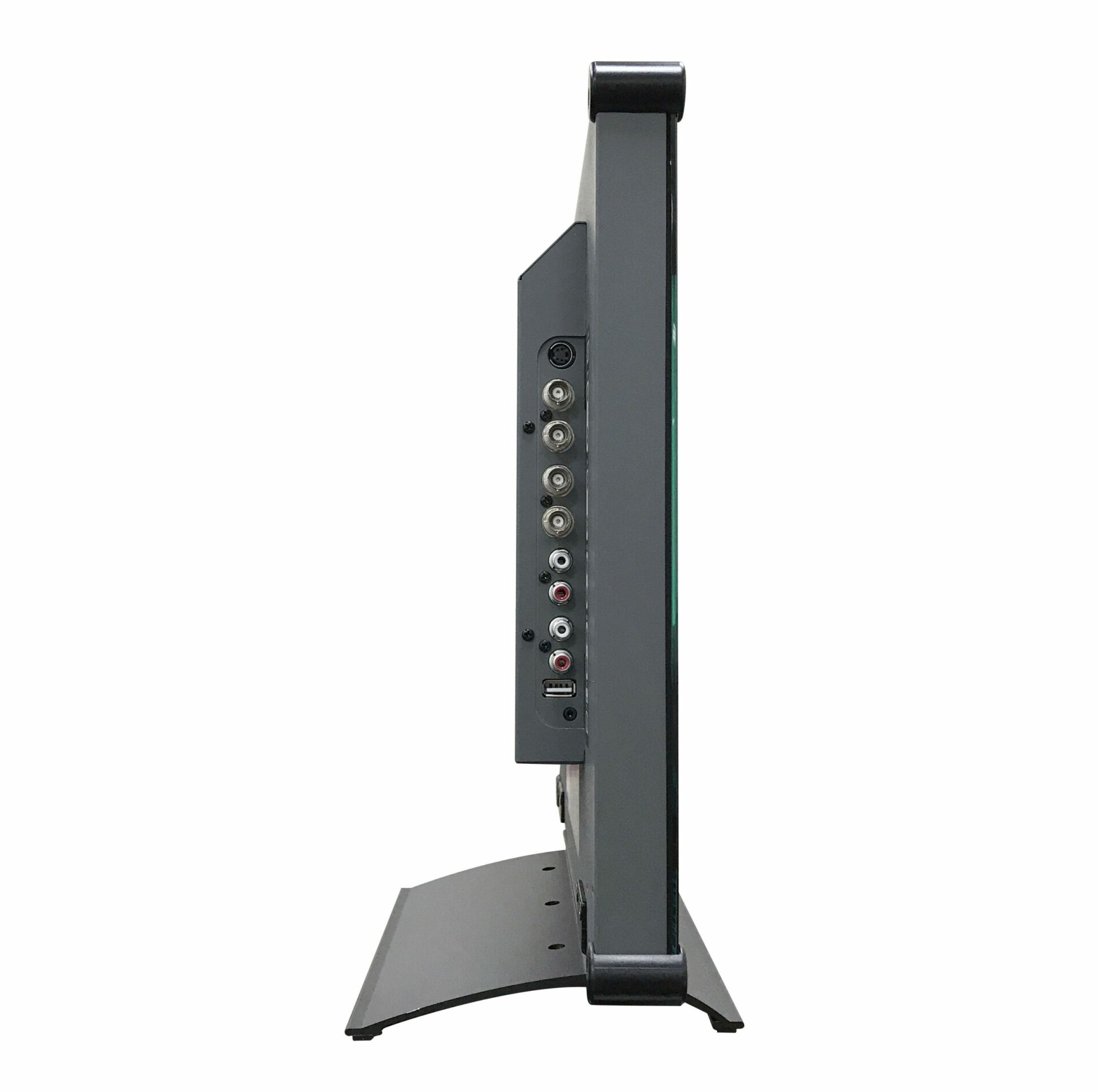 Seitenansicht eines grauen Monitors mit Anschlüssen.