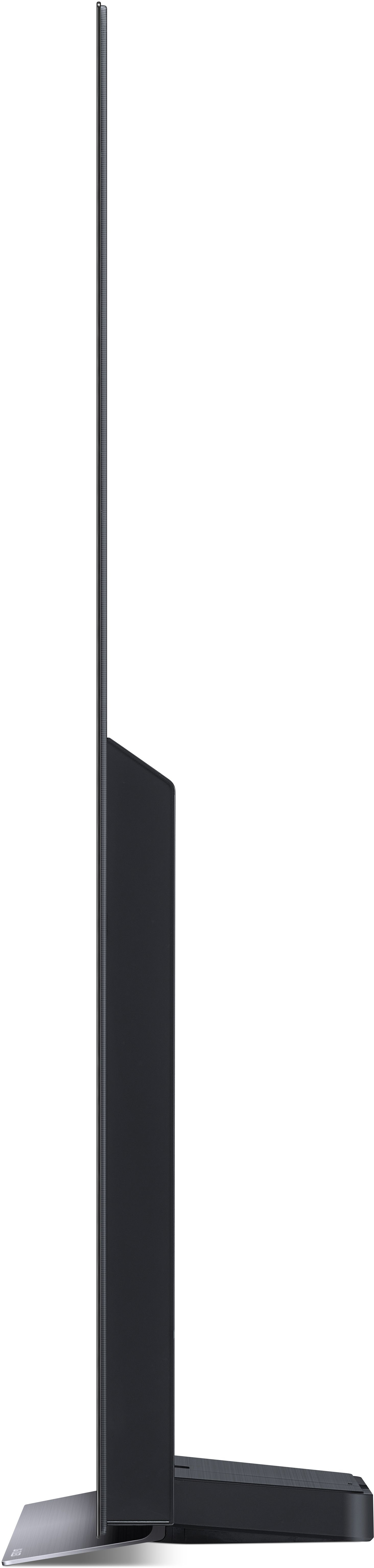 Seitenansicht eines schwarzen, schlanken Fernsehers. Er hat einen dünnen Rahmen und einen Ständer.