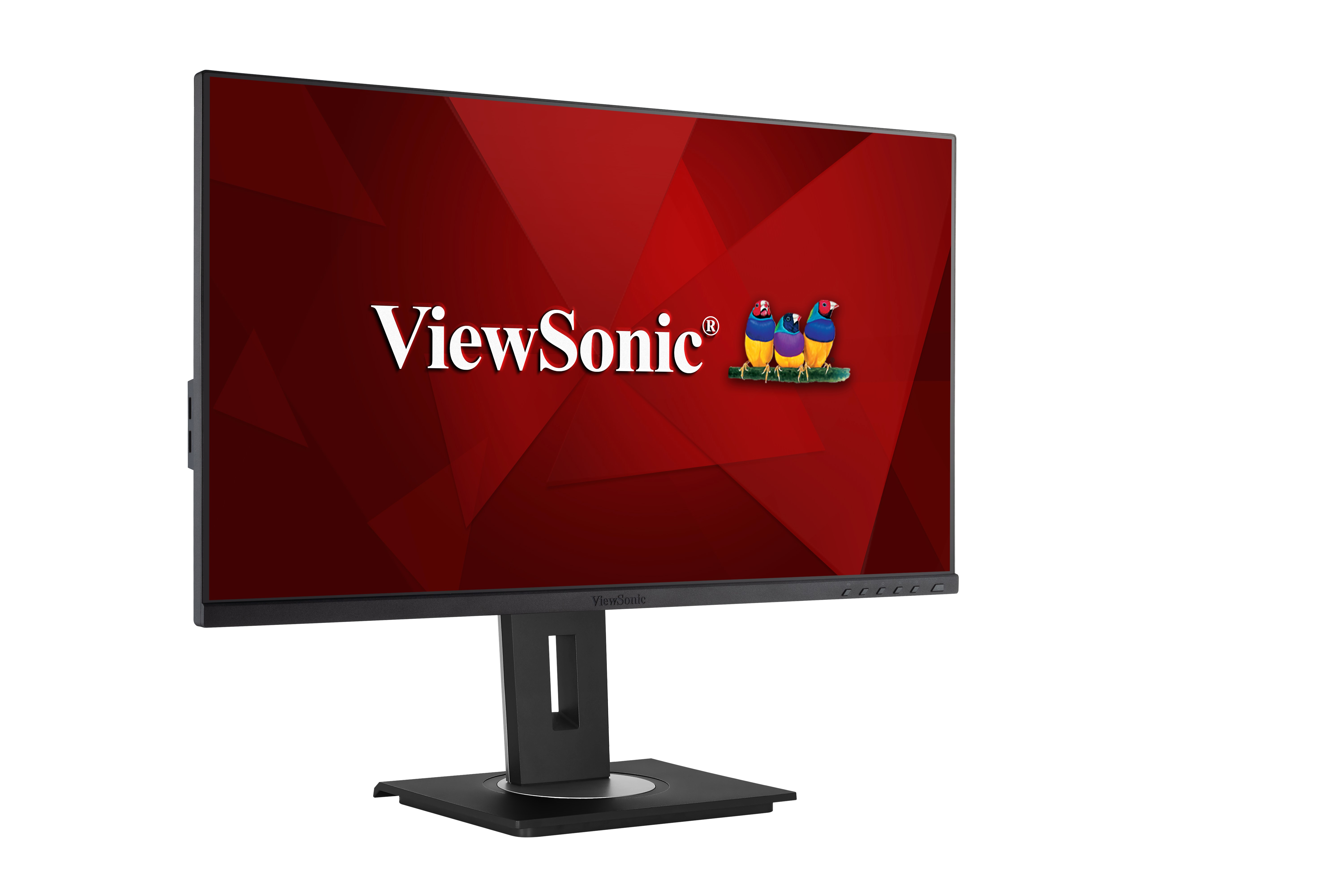 Kırmızı arka plan üzerinde ViewSonic logosu olan monitör. Siyah çerçeve ve stand. Beyaz zemin.