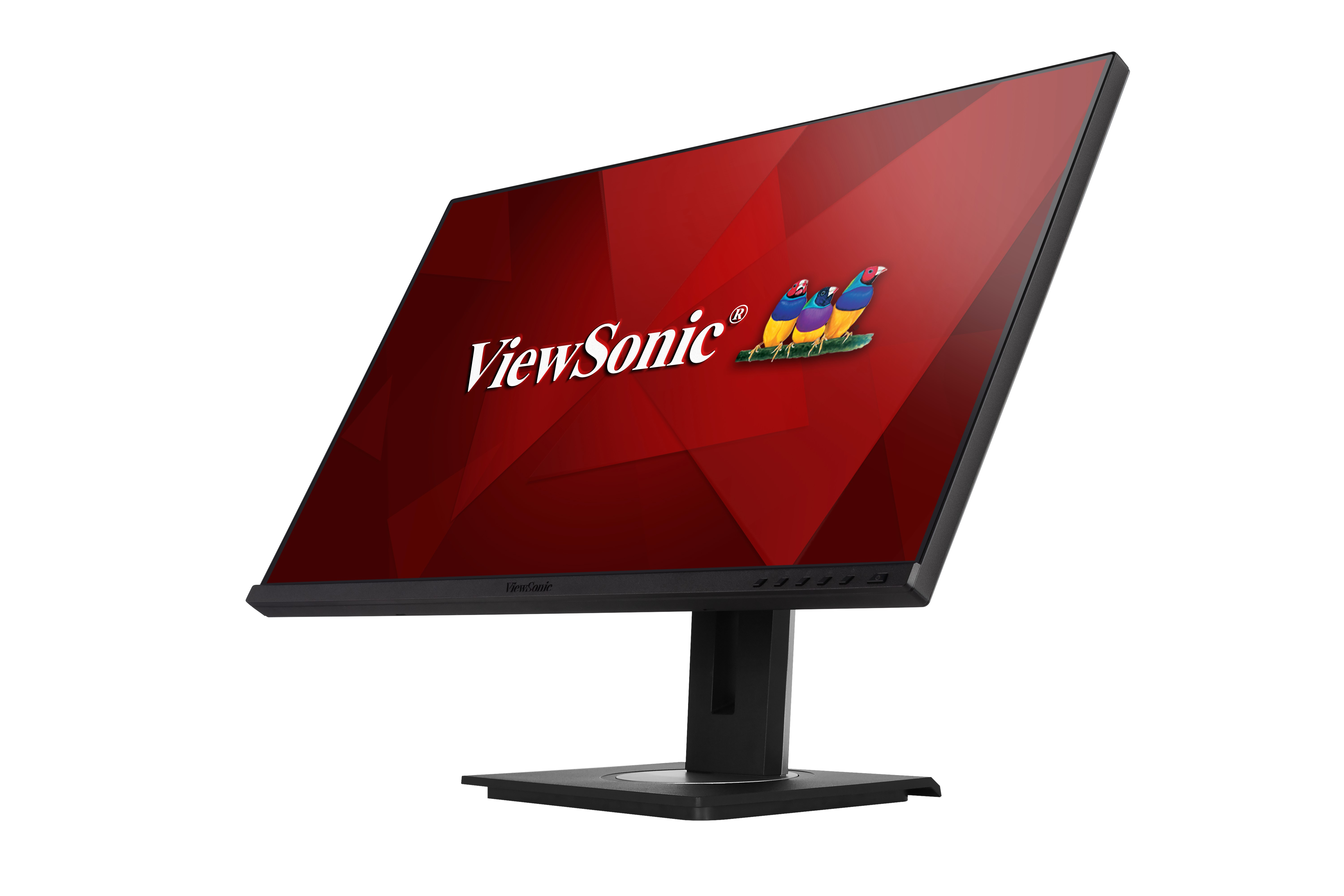 Bir monitör, siyah taban ve ayaklıklı kırmızı ve beyaz bir logo görüntülüyor.