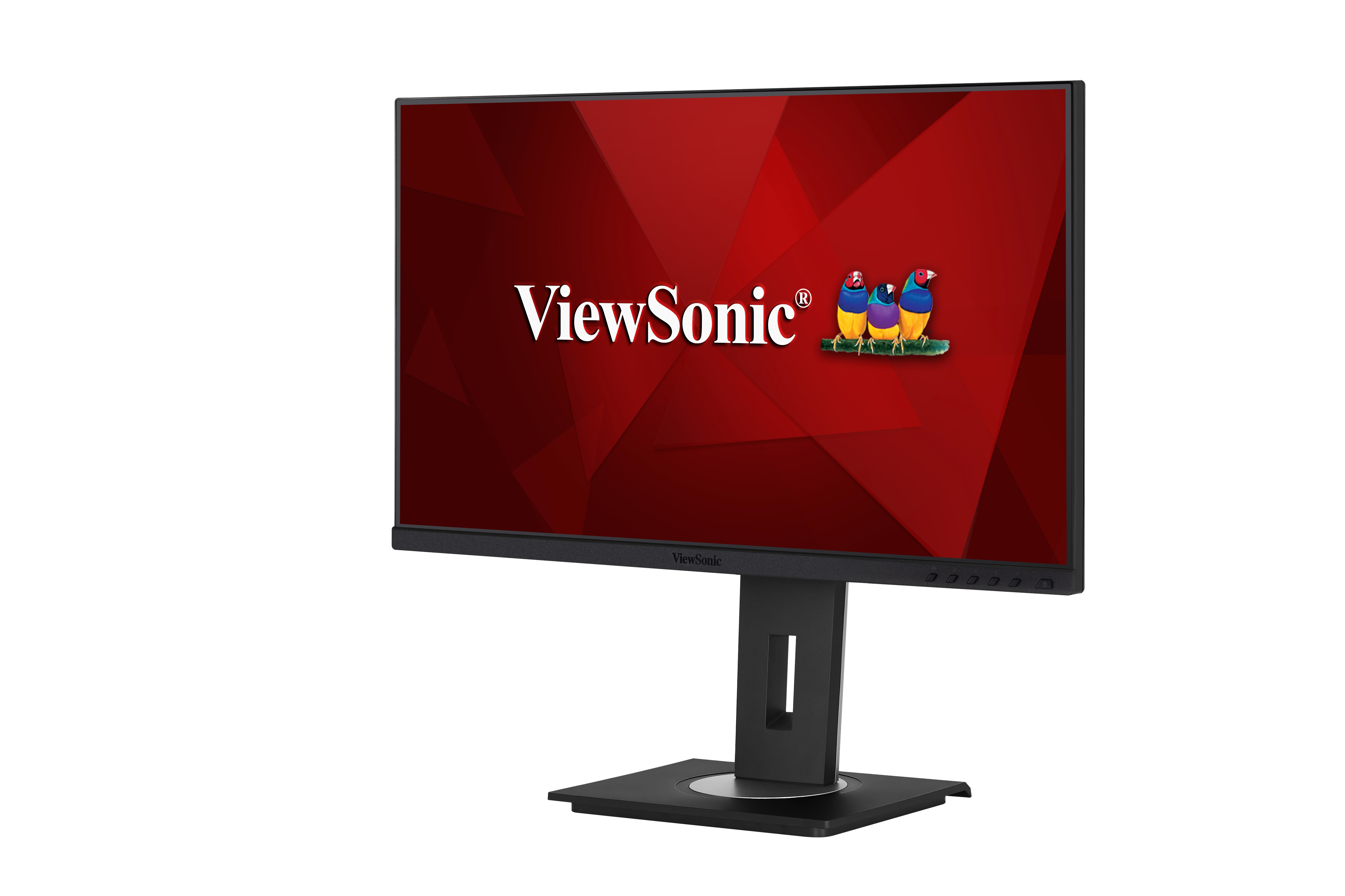ViewSonic monitör, kırmızı arka plan ve logo, siyah çerçeve ve stand, beyaz zemin üzerinde.