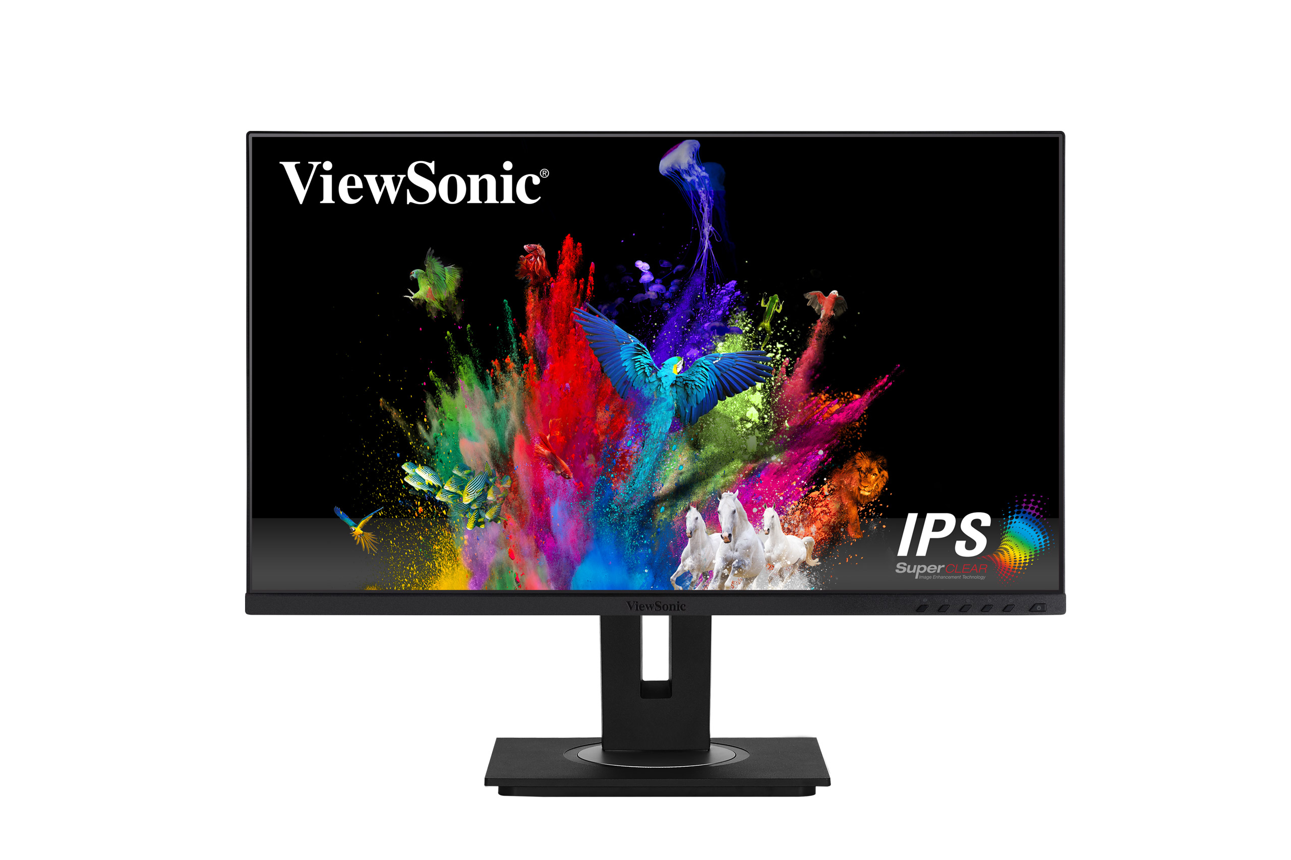 ViewSonic monitör, renkli bir boya patlaması ve "IPS SuperClear" metniyle.