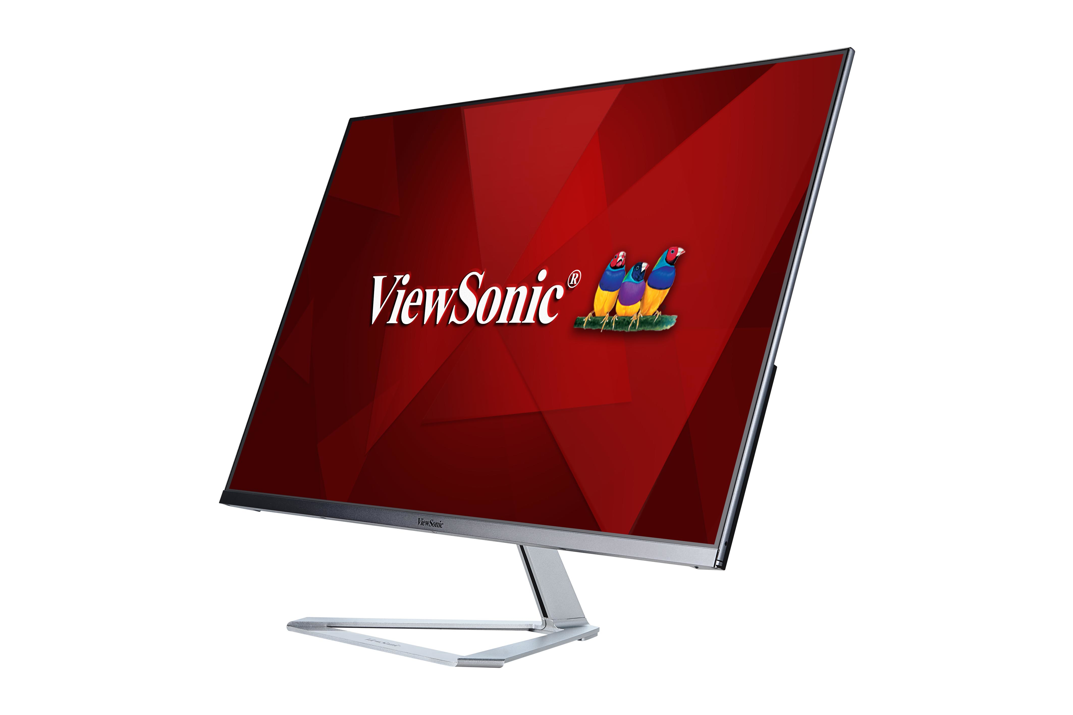 Computermonitor mit rotem Hintergrund, ViewSonic-Logo und Vögeln.