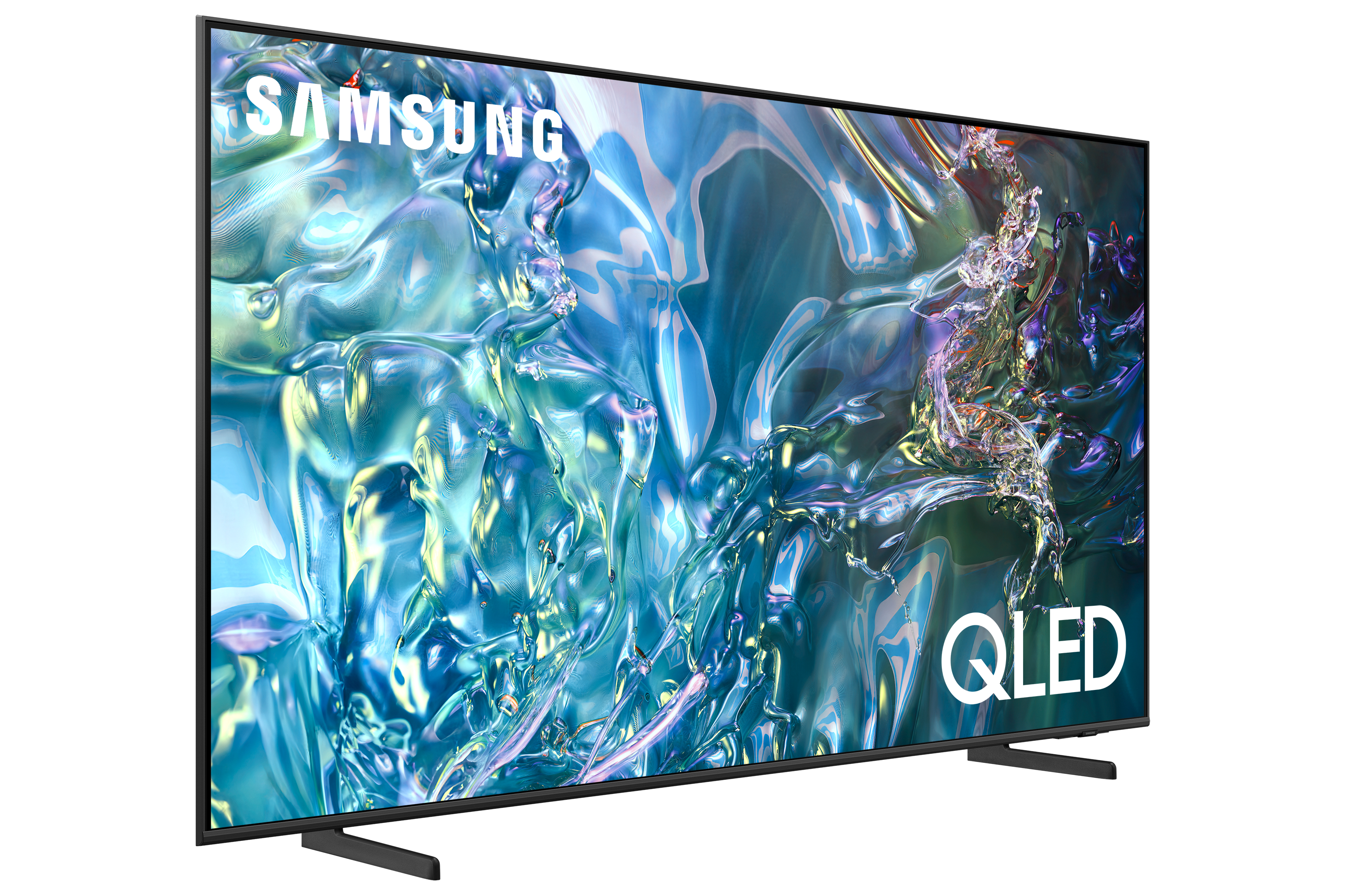 Szerokokątny widok telewizora Samsung QLED, wyświetlający abstrakcyjny niebiesko-zielony obraz.