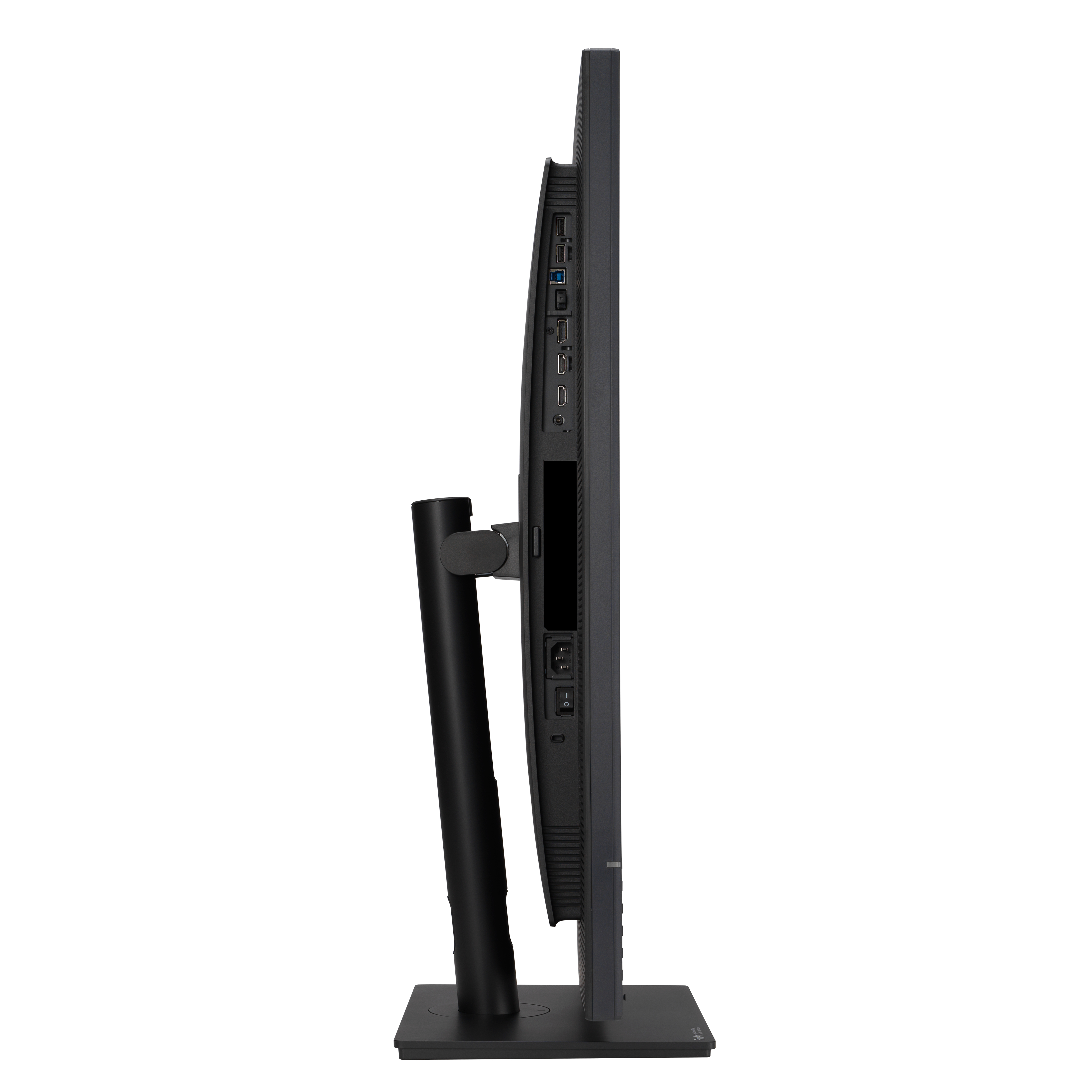 Widok z boku czarnego monitora. Pokazuje porty i szczegóły podstawy. Białe tło.
