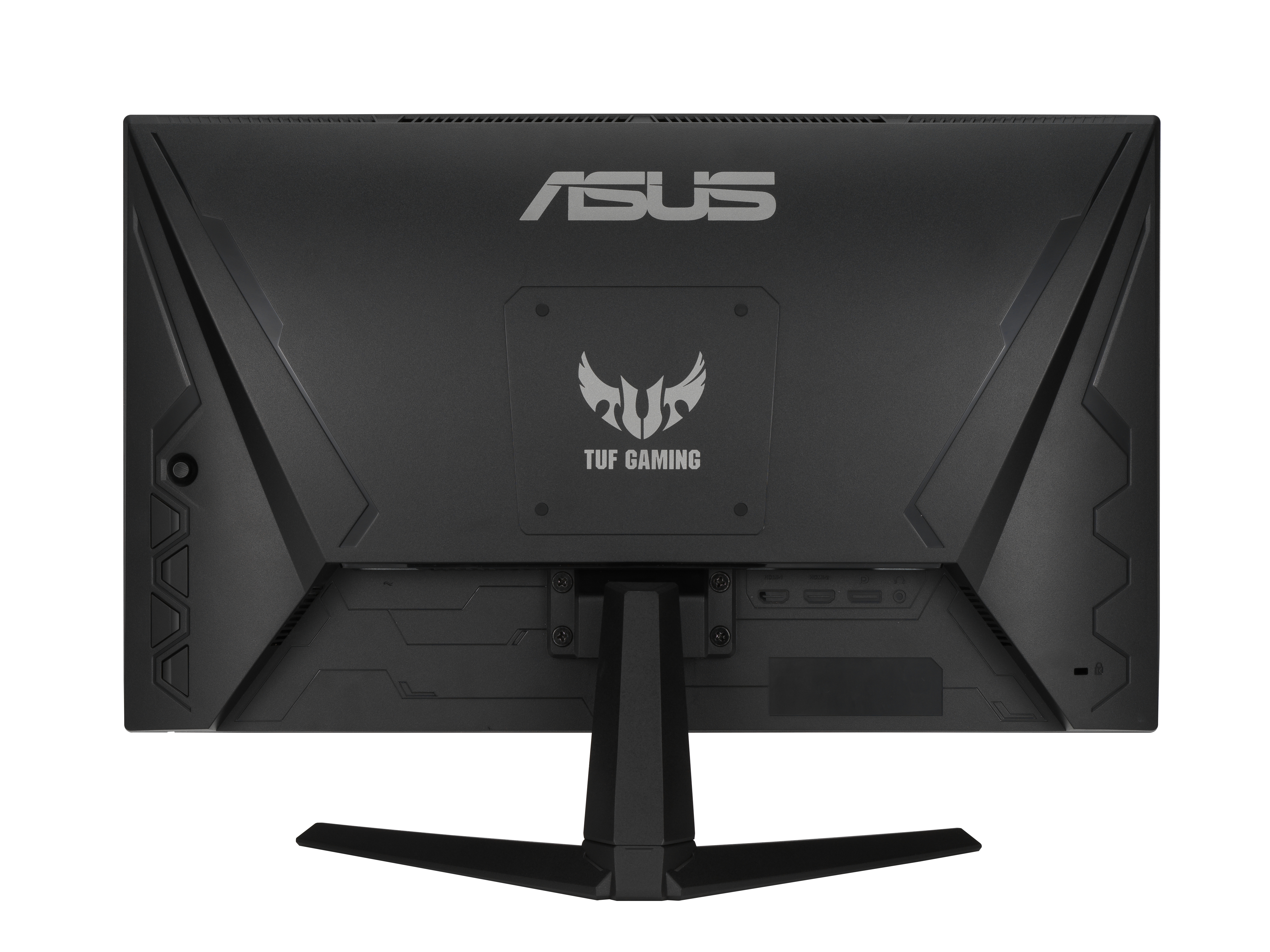 Rückseite des ASUS-Monitors mit TUF Gaming Logo. Schwarzes, eckiges Design mit Anschlüssen.