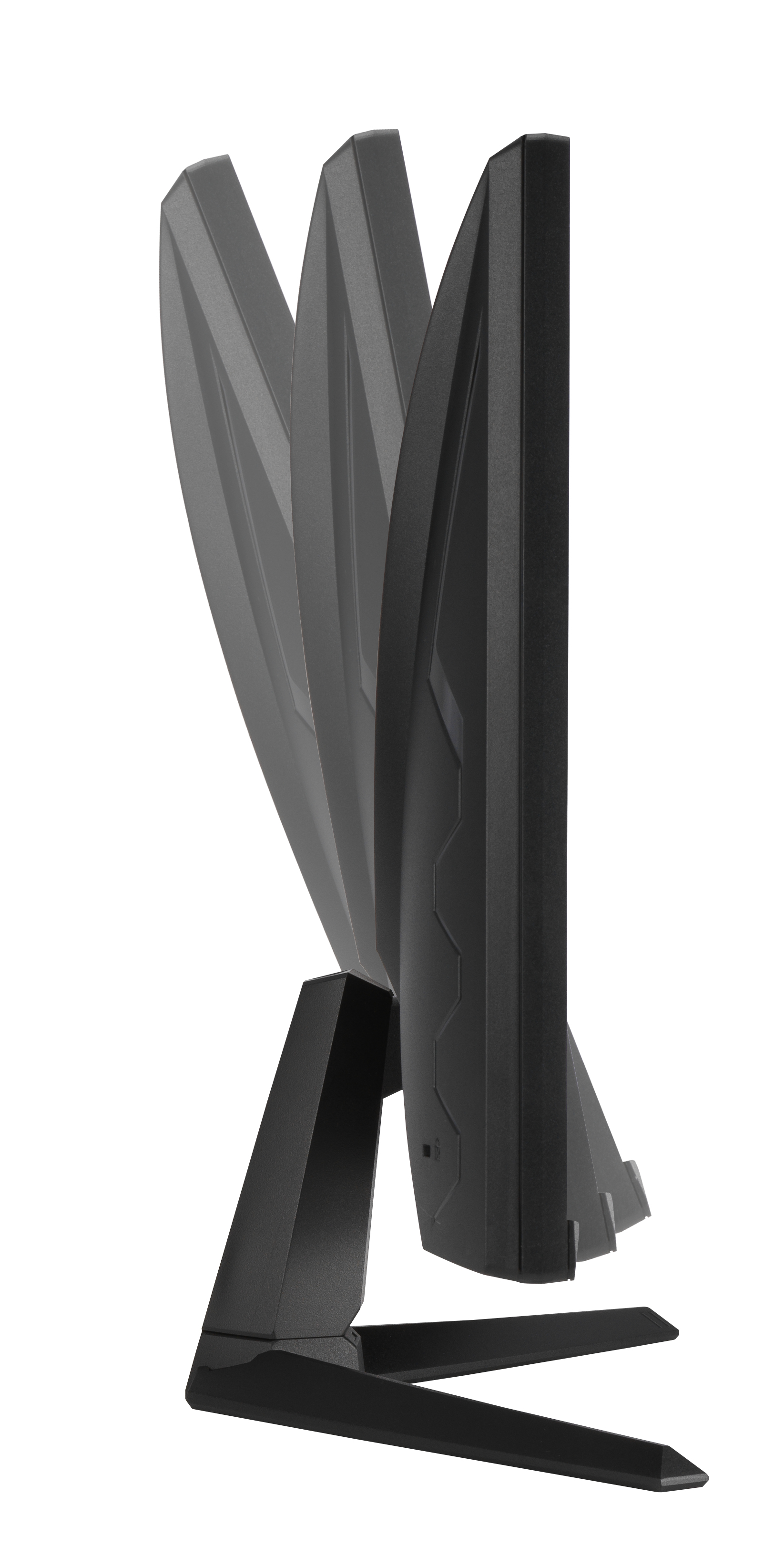 Czarny monitor komputera, widok z boku, pokazujący różne pozycje pochylenia.