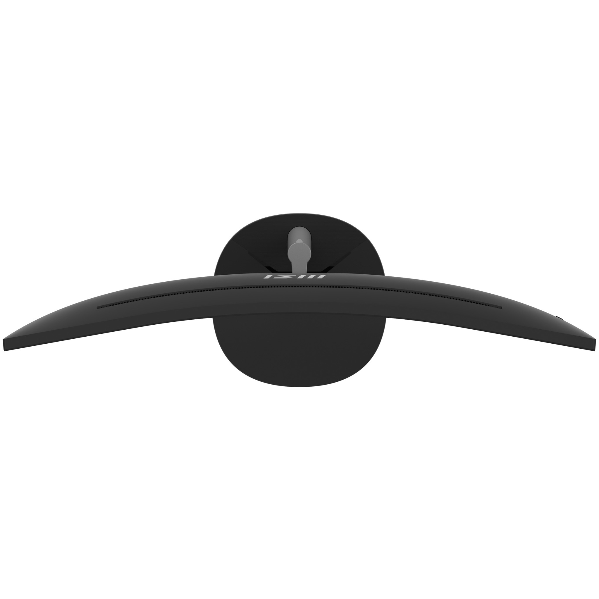 Zakrzywiony czarny monitor, widok z góry, z logo MSI i podstawą.