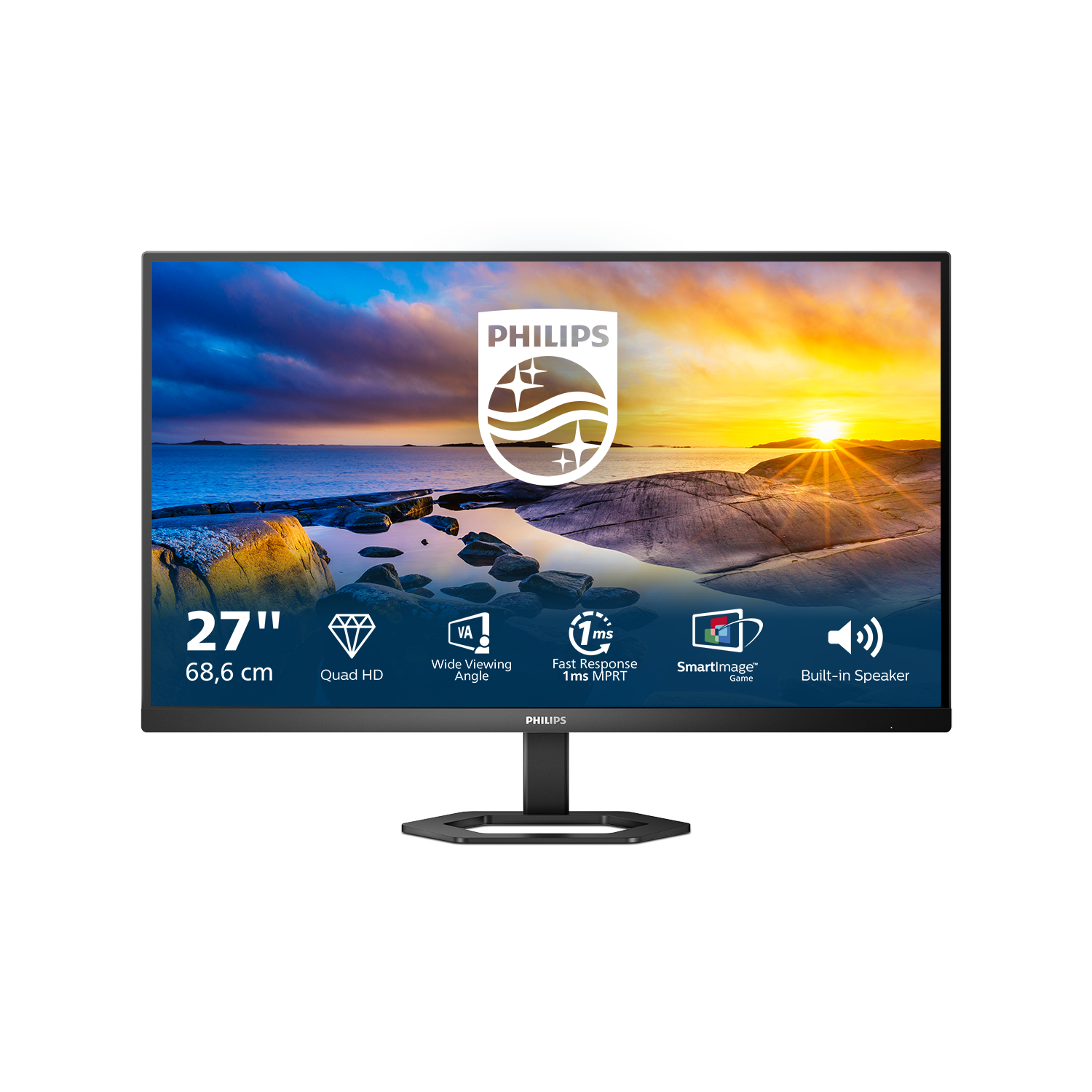 Monitor Philips wyświetla scenę zachodu słońca. Przód: monitor z tekstem i ikonami. Tło: zachód słońca nad wodą.