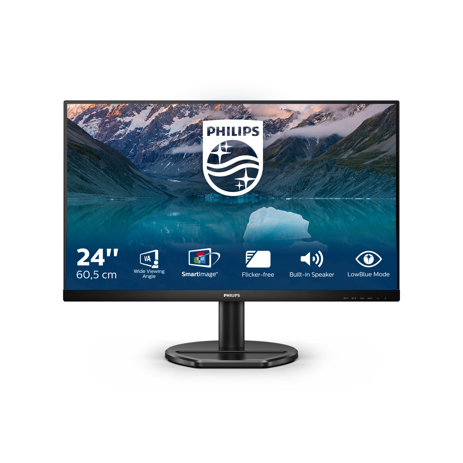 Un monitor Philips mostra una scena del lago. Icone per grandangolo, SmartImage, senza sfarfallio, altoparlante.