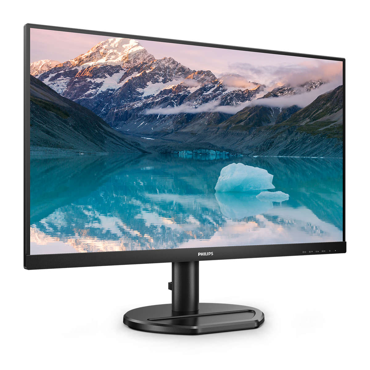 Un monitor per computer che mostra un paesaggio con montagne e acqua, su un supporto nero.