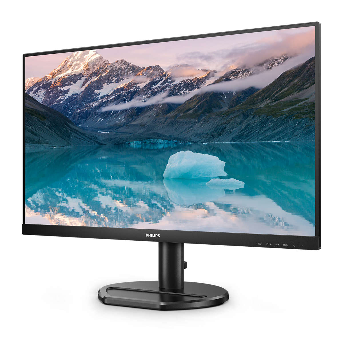 Monitor Philips che mostra una scena di lago di montagna con iceberg.