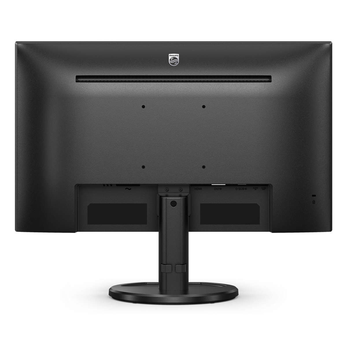 Retro di un monitor Philips nero con supporto. Porte e logo visibili.