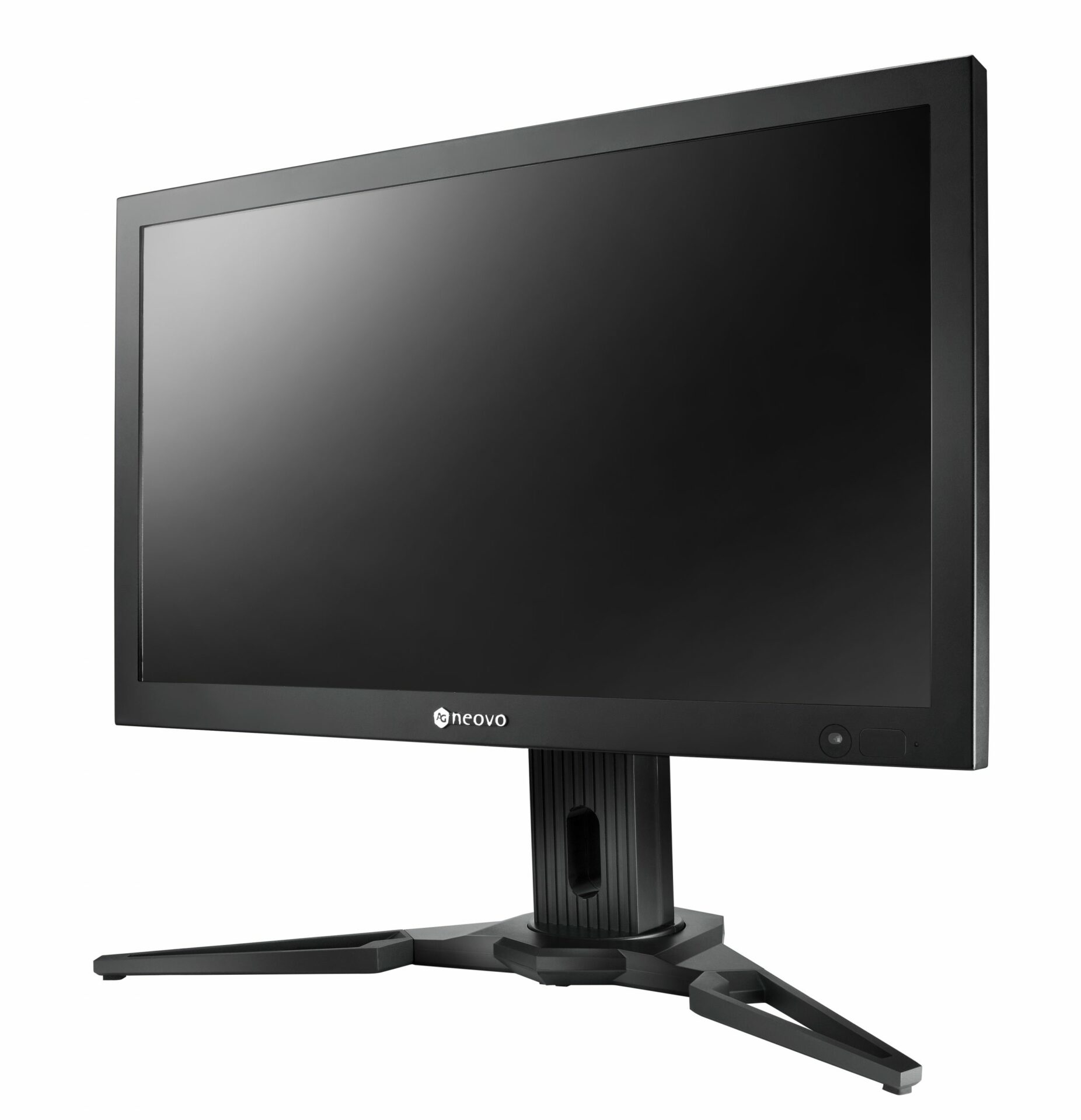 Schwarzer Computermonitor auf einem Ständer, dunkler Bildschirm.