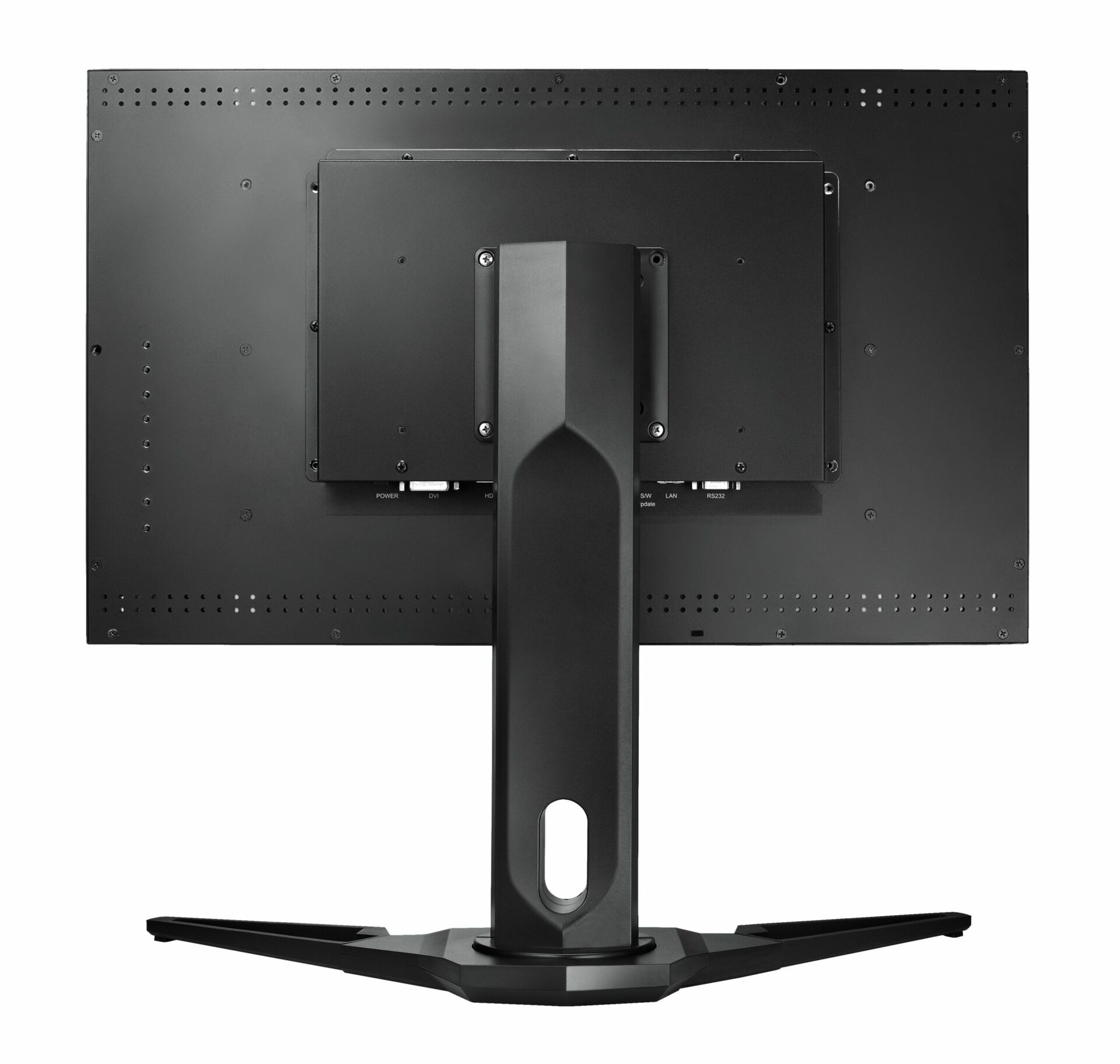 Rückansicht eines schwarzen Monitors mit Strom-, DVI-, HDMI-, LAN- und USB-Anschlüssen und einem großen Ständer.