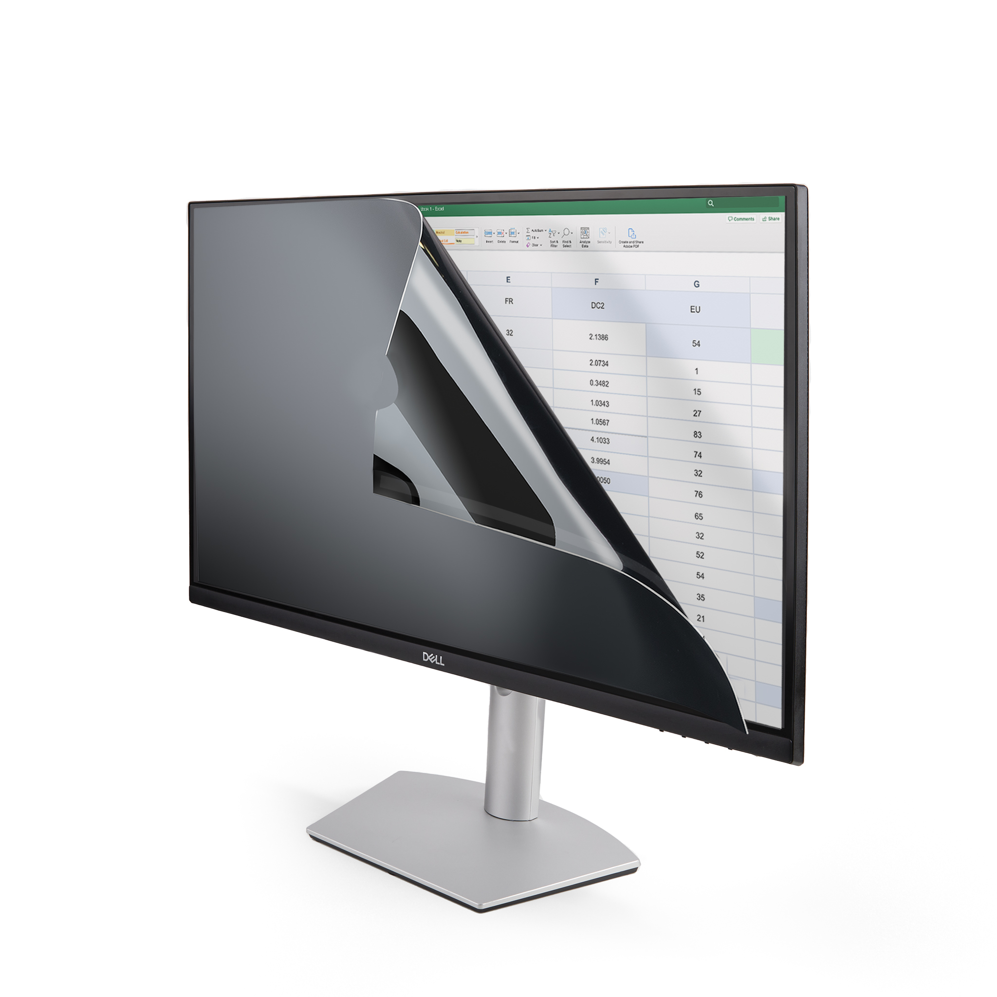 Un monitor Dell muestra una hoja de cálculo Excel. Un protector de pantalla parcialmente despegado revela la pantalla.