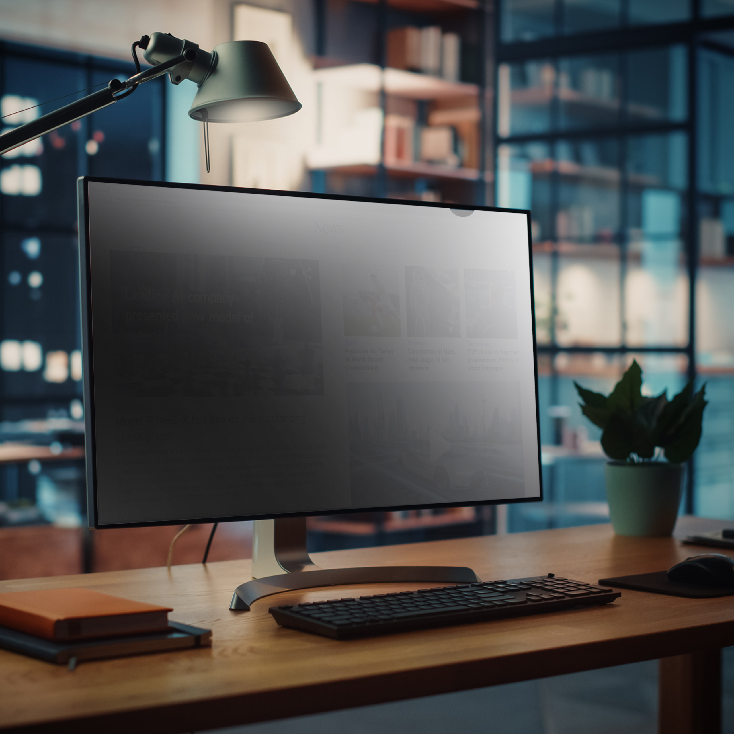 Un monitor de computadora muestra artículos de noticias en un escritorio de madera. También son visibles una lámpara, un teclado y una planta.
