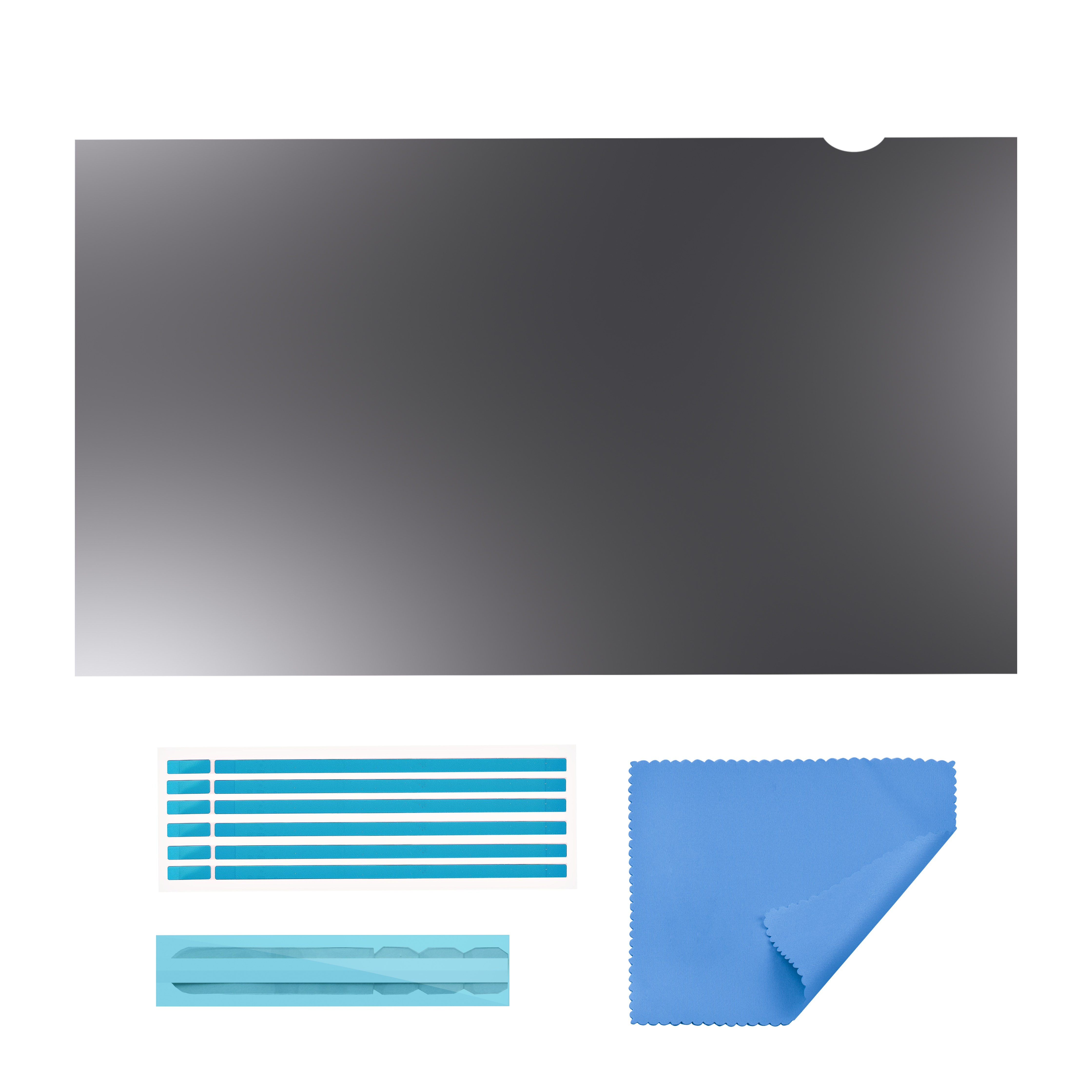Un protector de pantalla gris, un paño de limpieza azul y tiras adhesivas azules sobre fondo blanco.