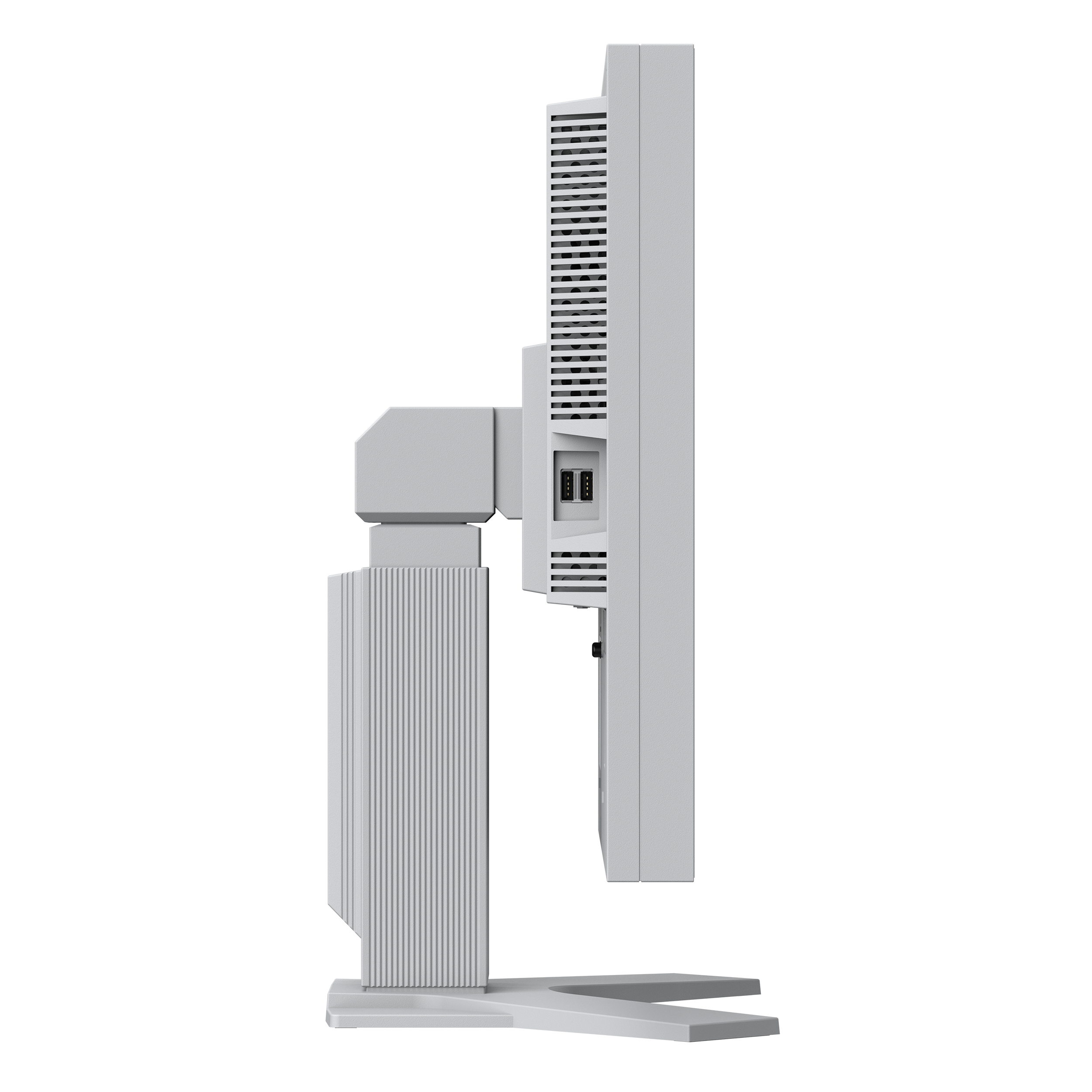 Grauer Computermonitor, Seitenansicht, mit Ständer. Vertikale Linien auf einer Seite.