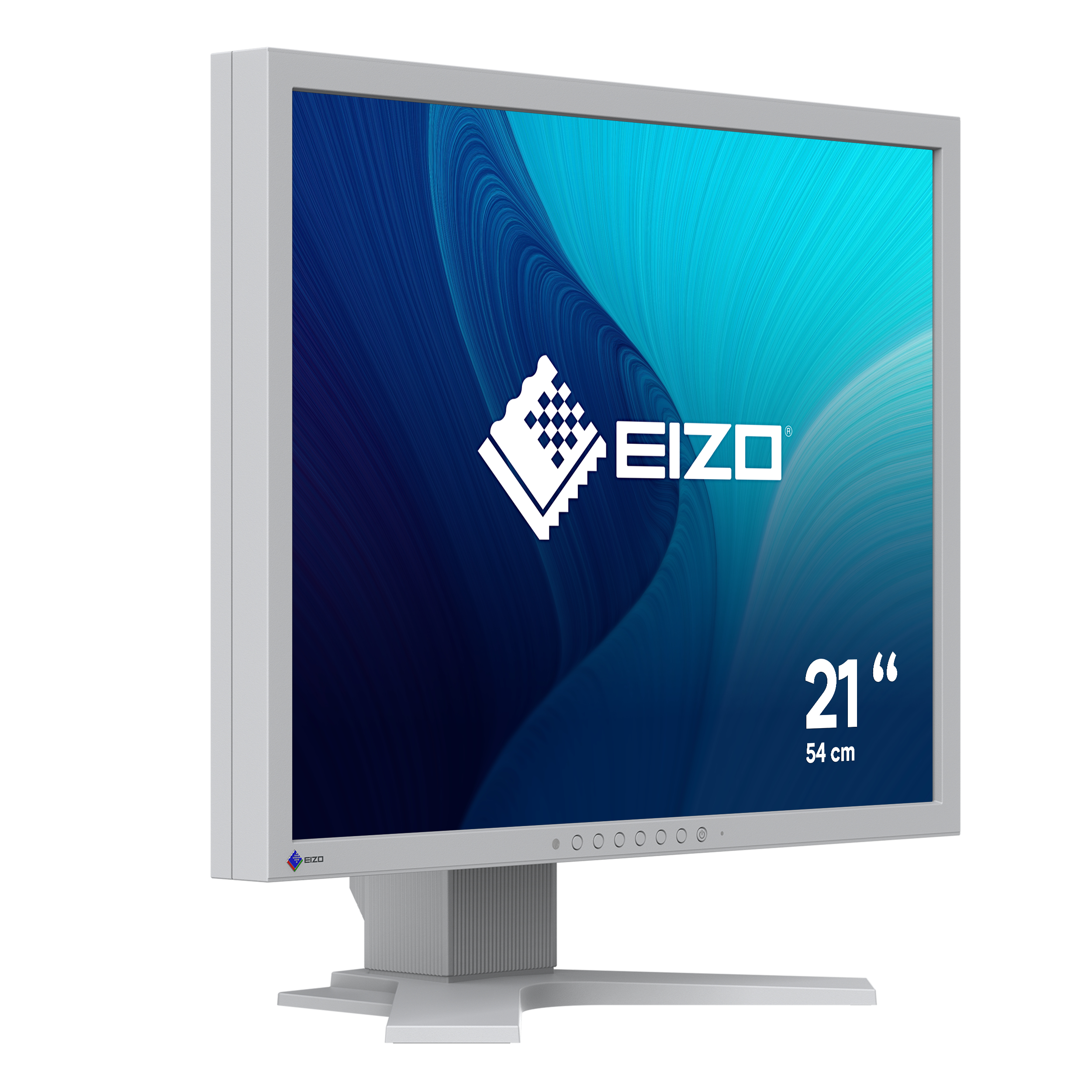 Silberner EIZO-Monitor mit blauem Wellenmuster auf dem Bildschirm. Der Ständer ist silber.