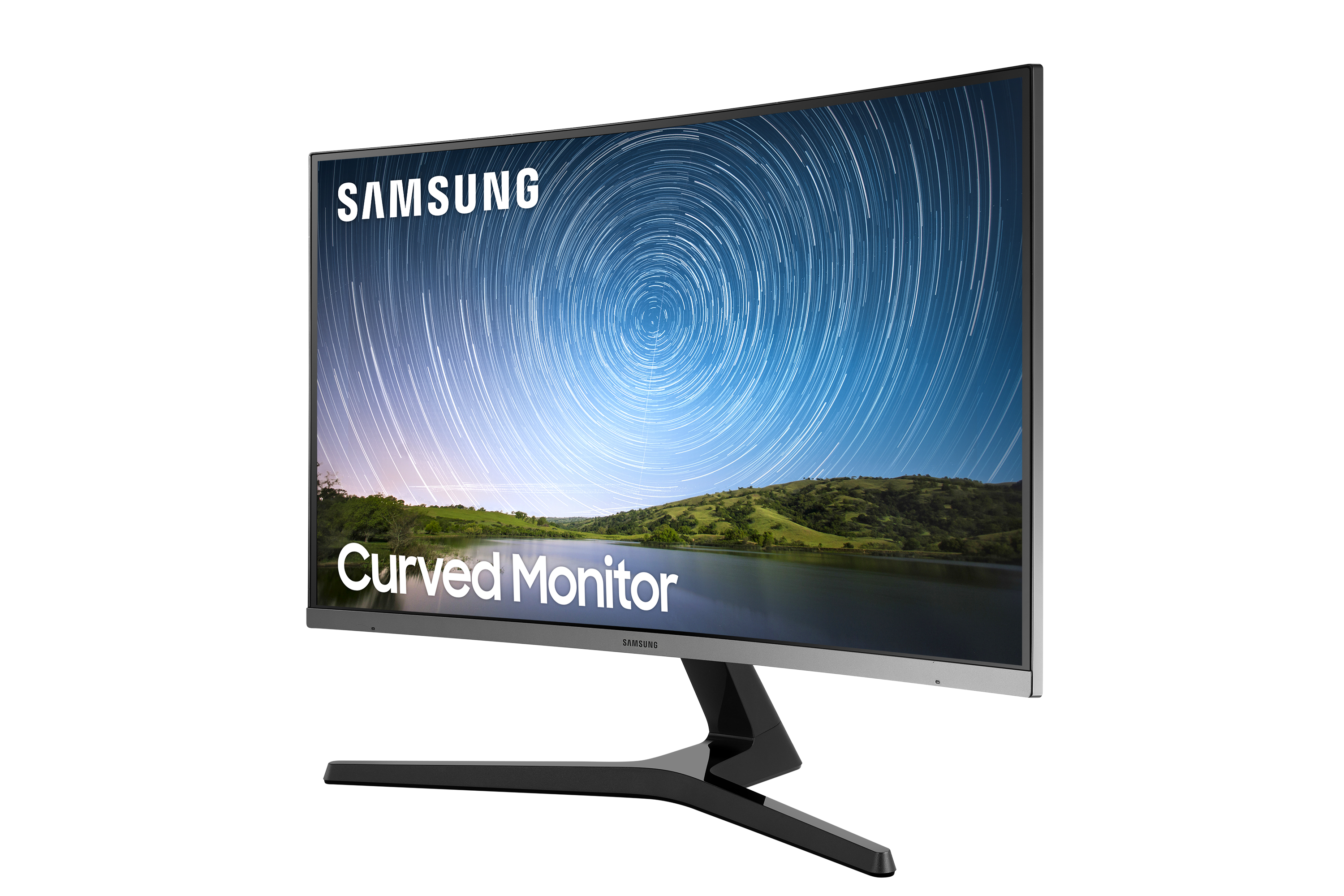 Zakrzywiony monitor z wyświetlaczem gwieździstego nieba. Ekran ma etykiety Samsung i Curved Monitor.