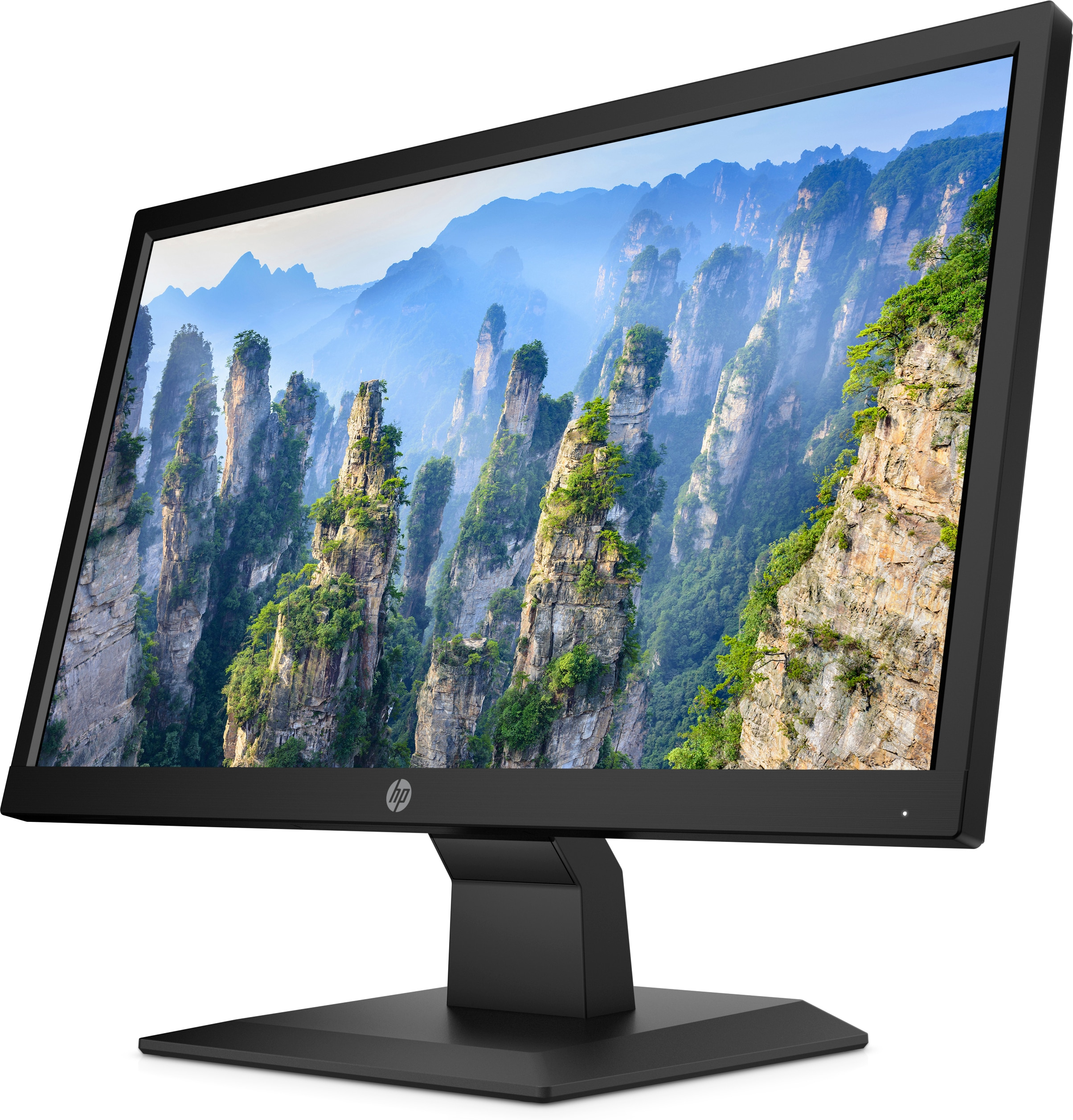 Il monitor HP nero mostra un paesaggio montano. È angolato, mostrando lo schermo, la base e il supporto.