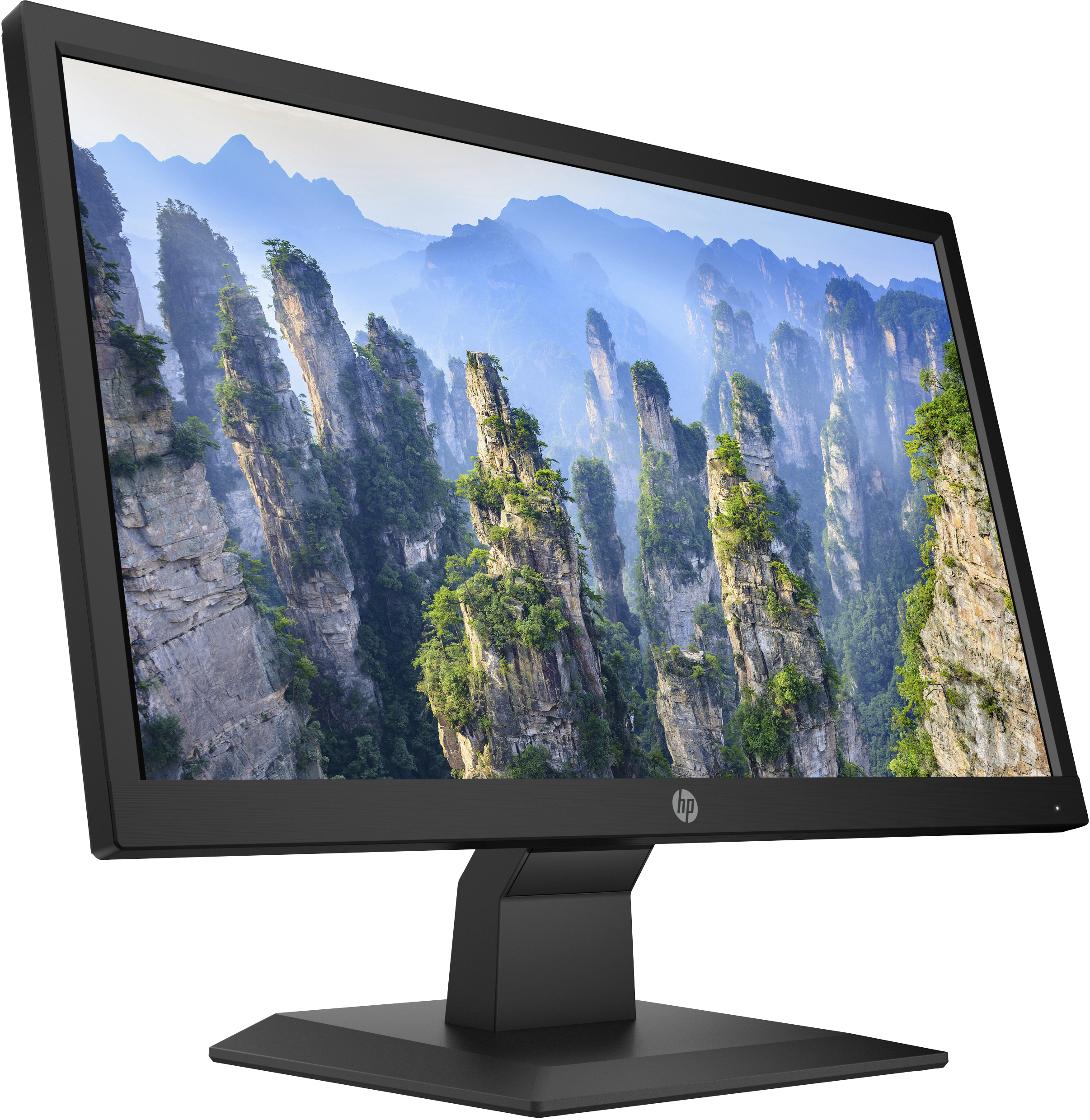 Un monitor HP nero mostra un paesaggio montano panoramico. Il monitor ha un supporto e una cornice neri.