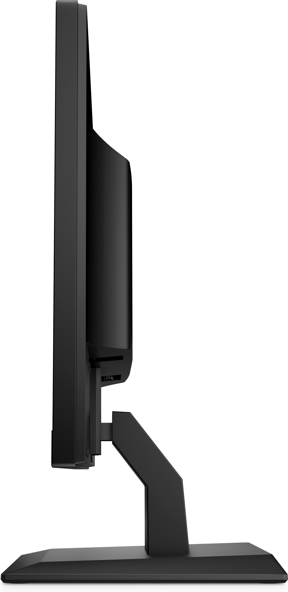 Monitor per computer nero, vista laterale, con supporto. Sfondo nero.
