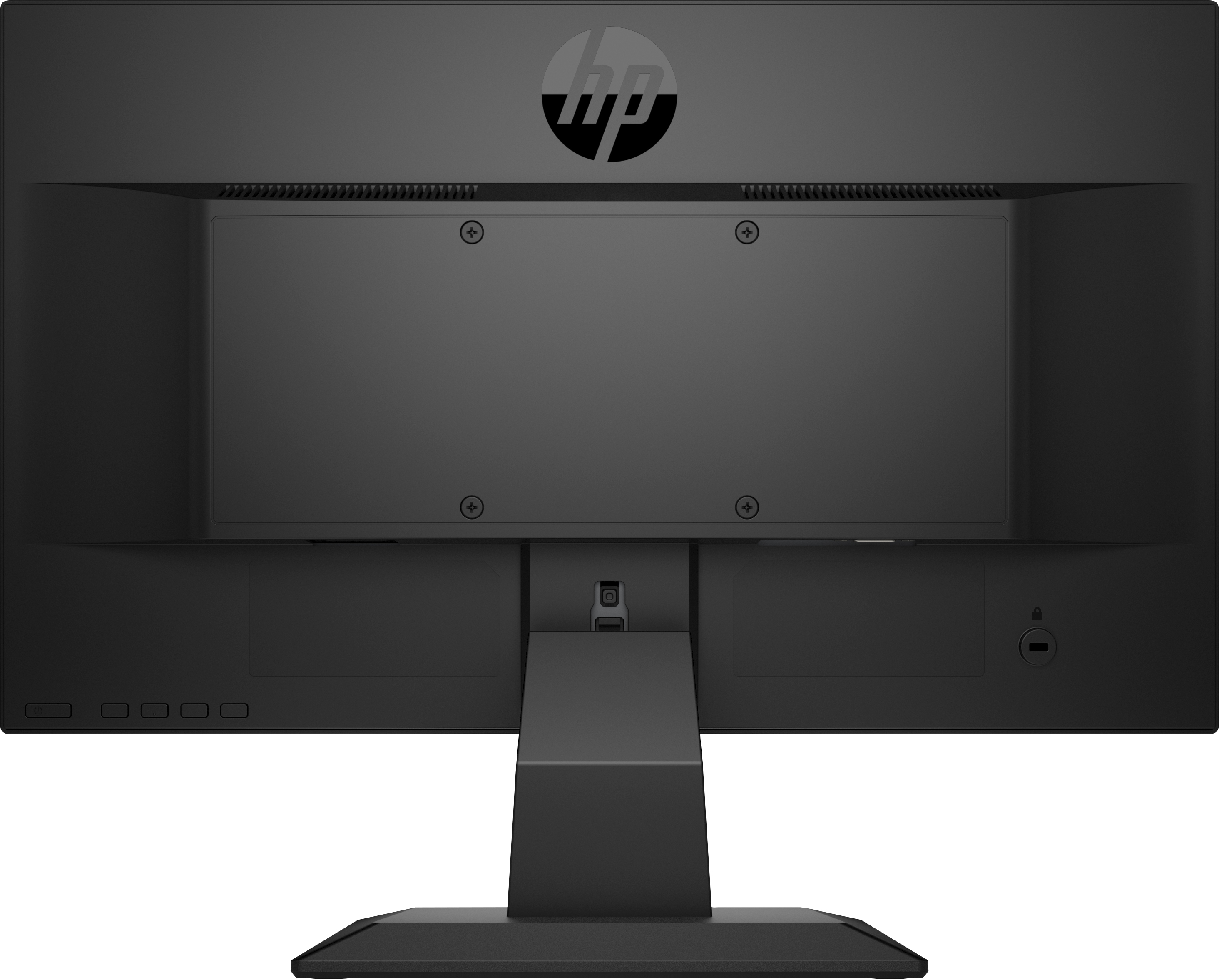 Retro di un monitor HP nero. Ha il logo HP e un supporto.