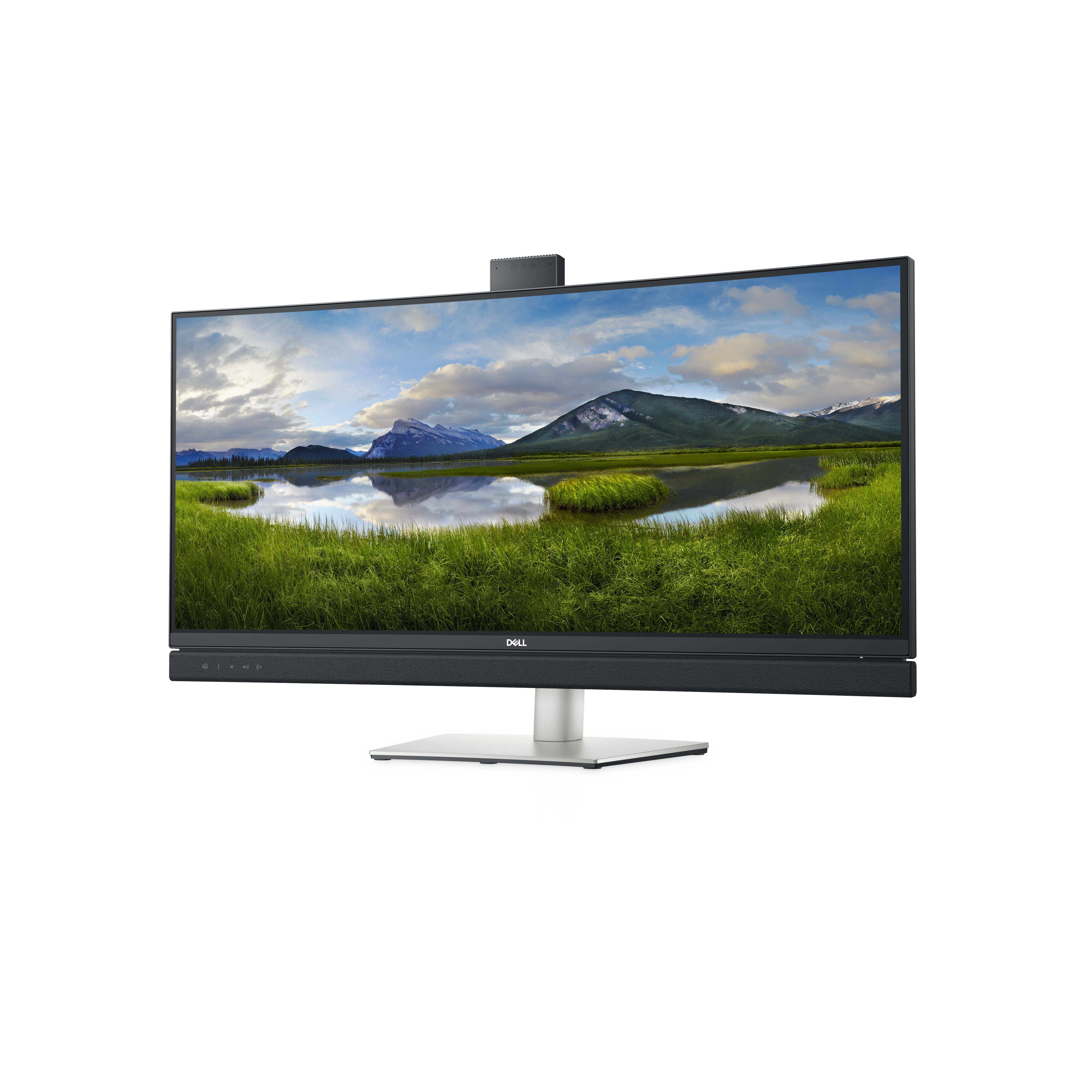 Dell-Monitor mit Webcam. Er hat einen dünnen schwarzen Rahmen und eine Landschaftsansicht.