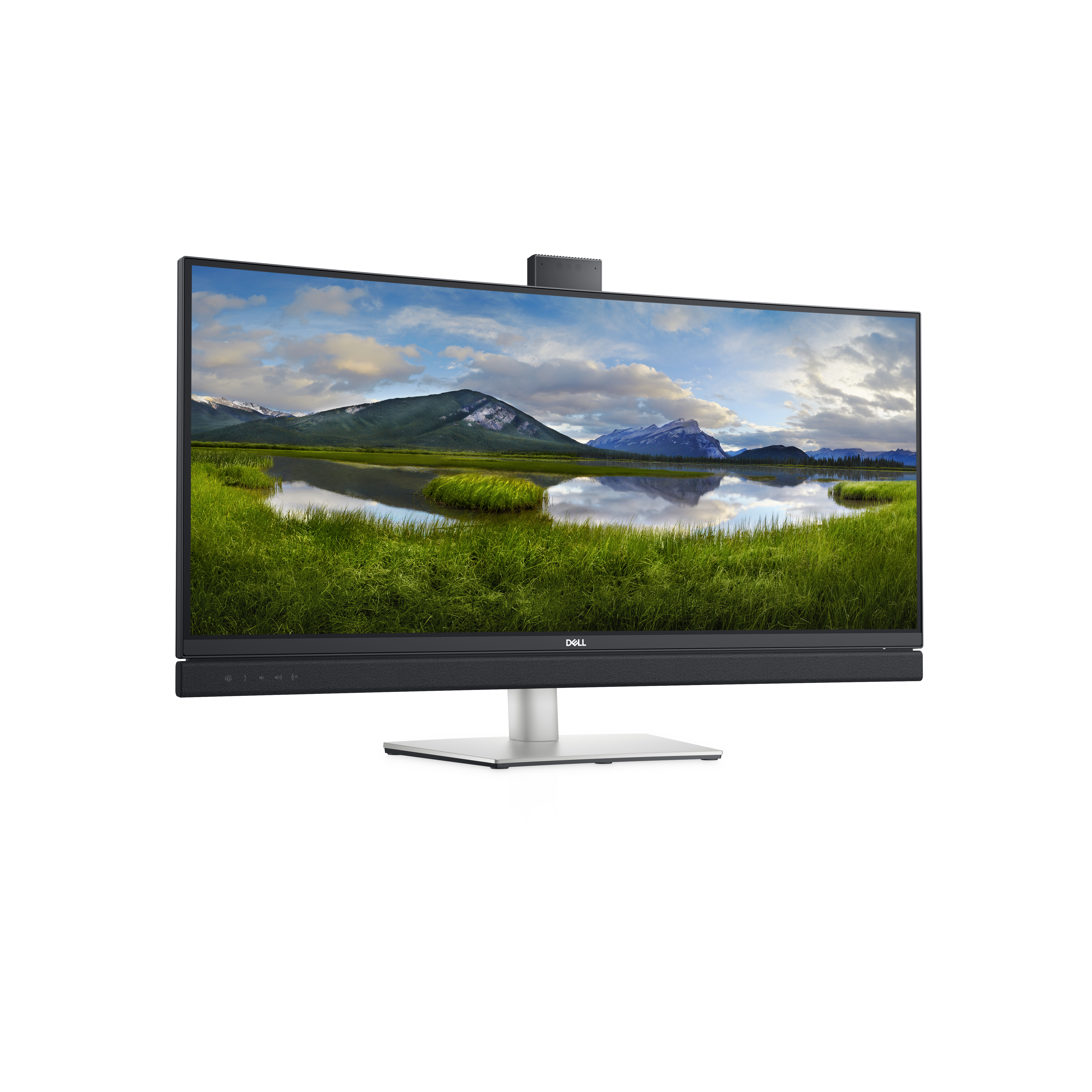 Ein Dell-Monitor zeigt eine Landschaftsszene mit grünem Feld und Bergen.