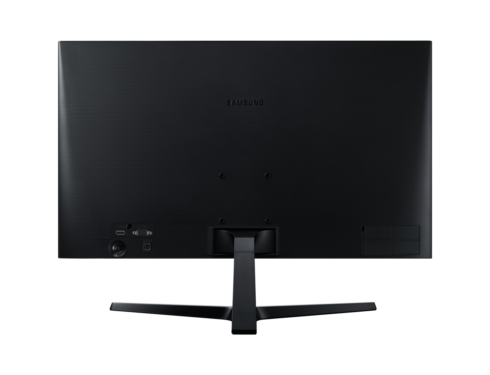 Vista posteriore di un monitor per computer nero. Ha un supporto e porte.
