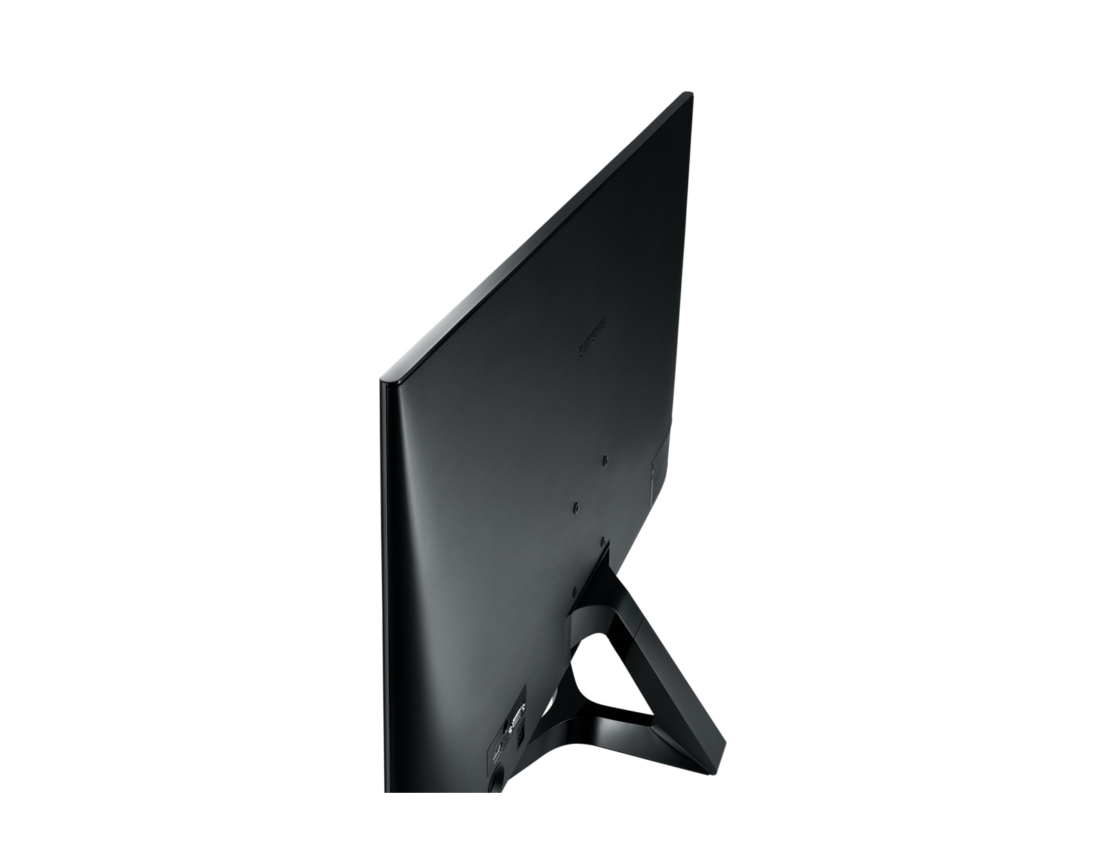 Vista laterale di un monitor nero su sfondo bianco, che mostra il retro.
