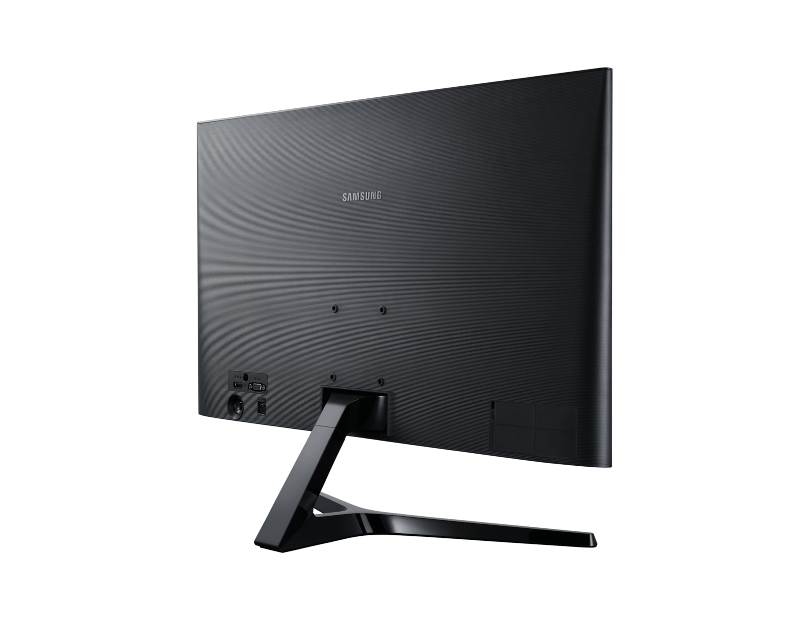 Retro di un monitor Samsung nero. Ha diverse porte e un supporto dal design moderno.