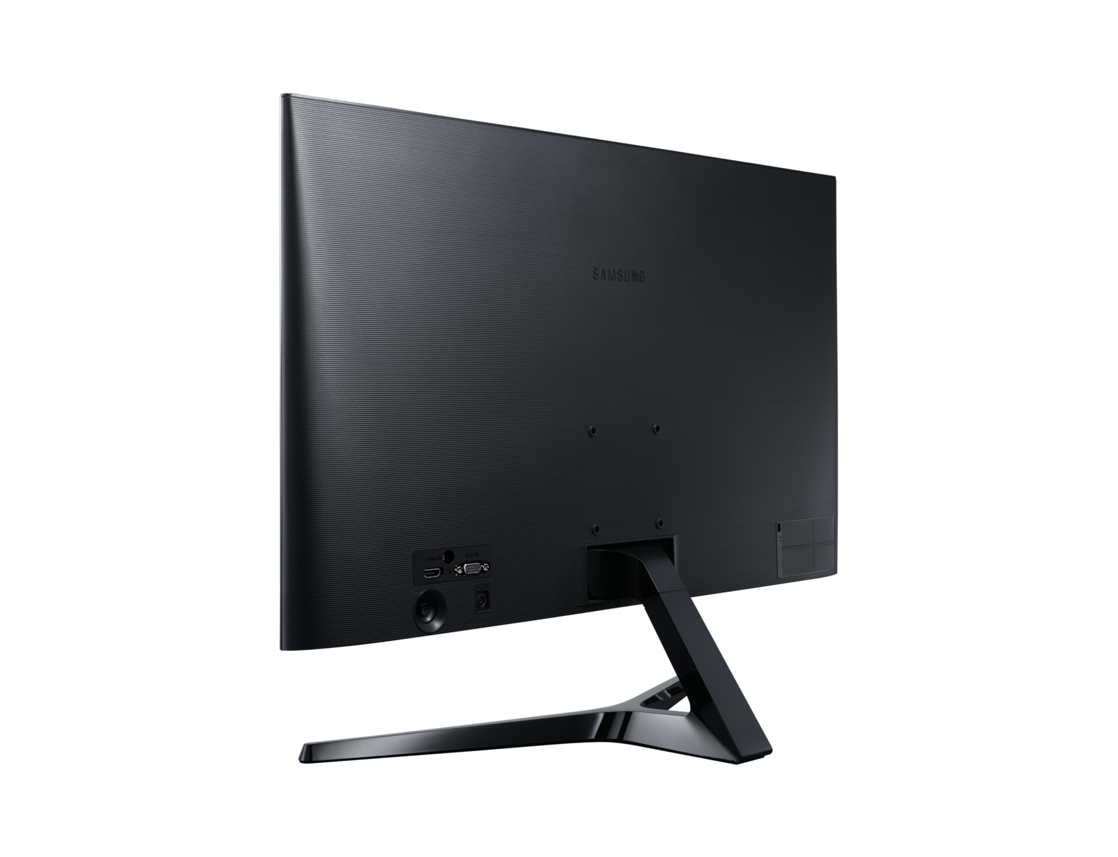 Il retro di un monitor Samsung nero con porte e supporto su sfondo bianco.