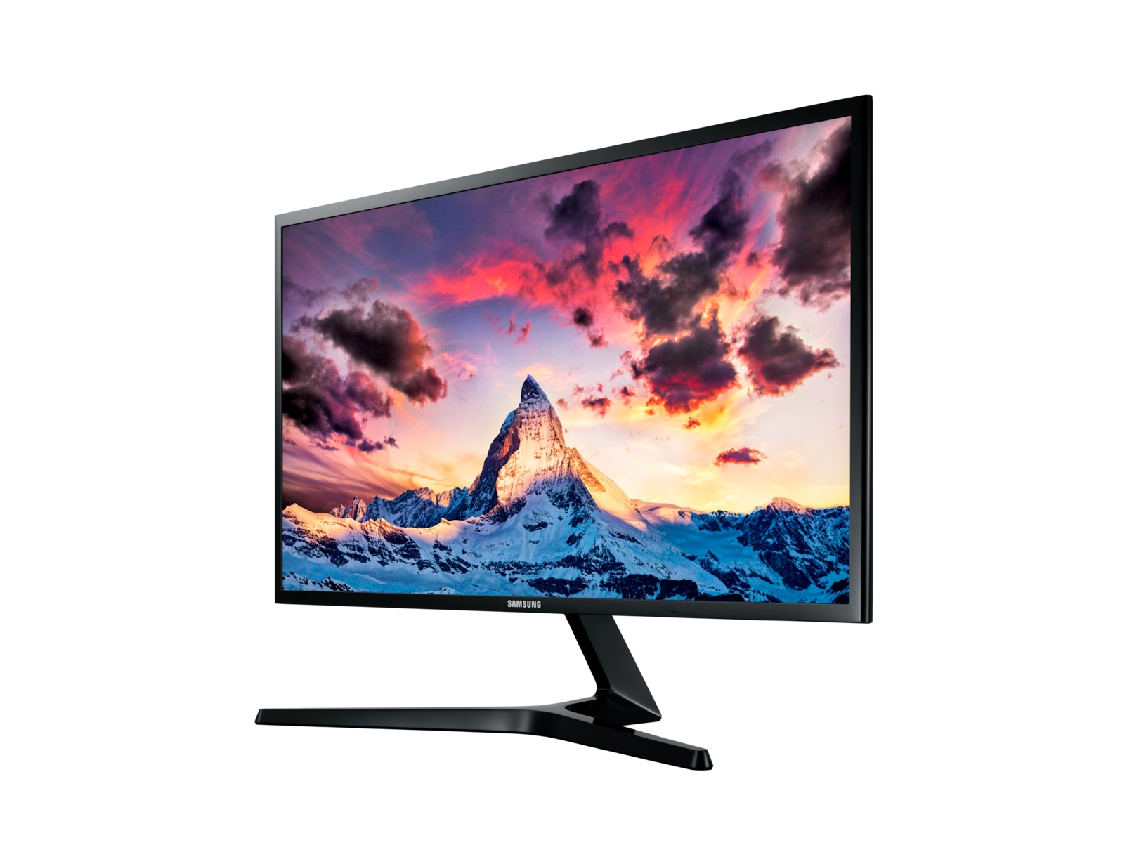 Monitor con scena di montagna con nuvole e tramonto. Supporto nero, cornice.