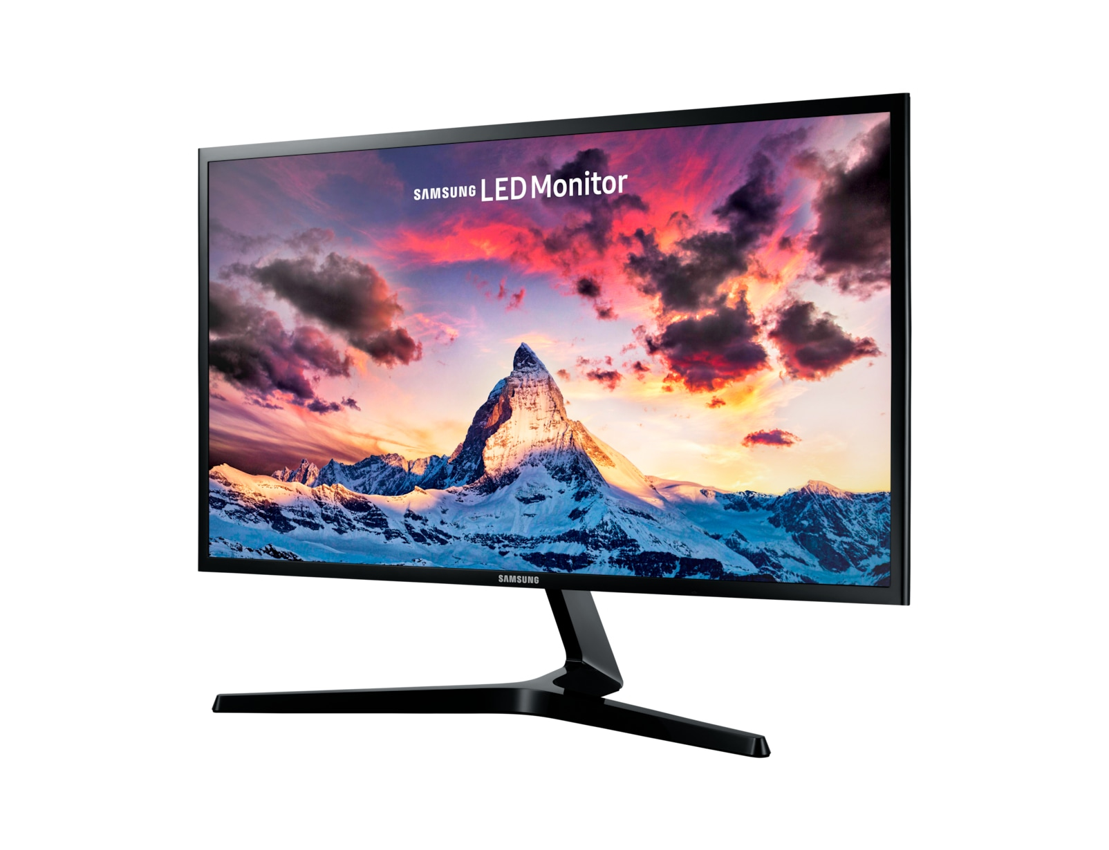 Monitor LED Samsung con scena di montagna. Il cielo è una miscela di colori del tramonto.