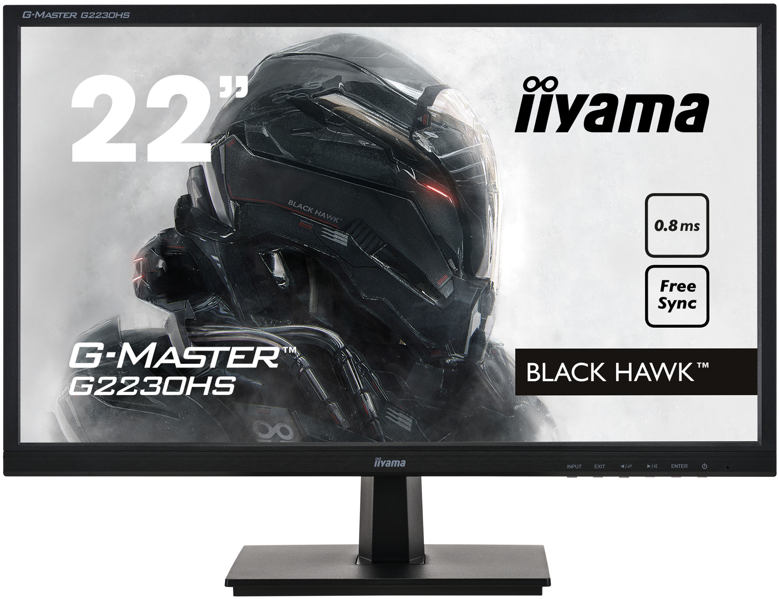 Monitor gaming negro con marco negro, mostrando escena de juego.
