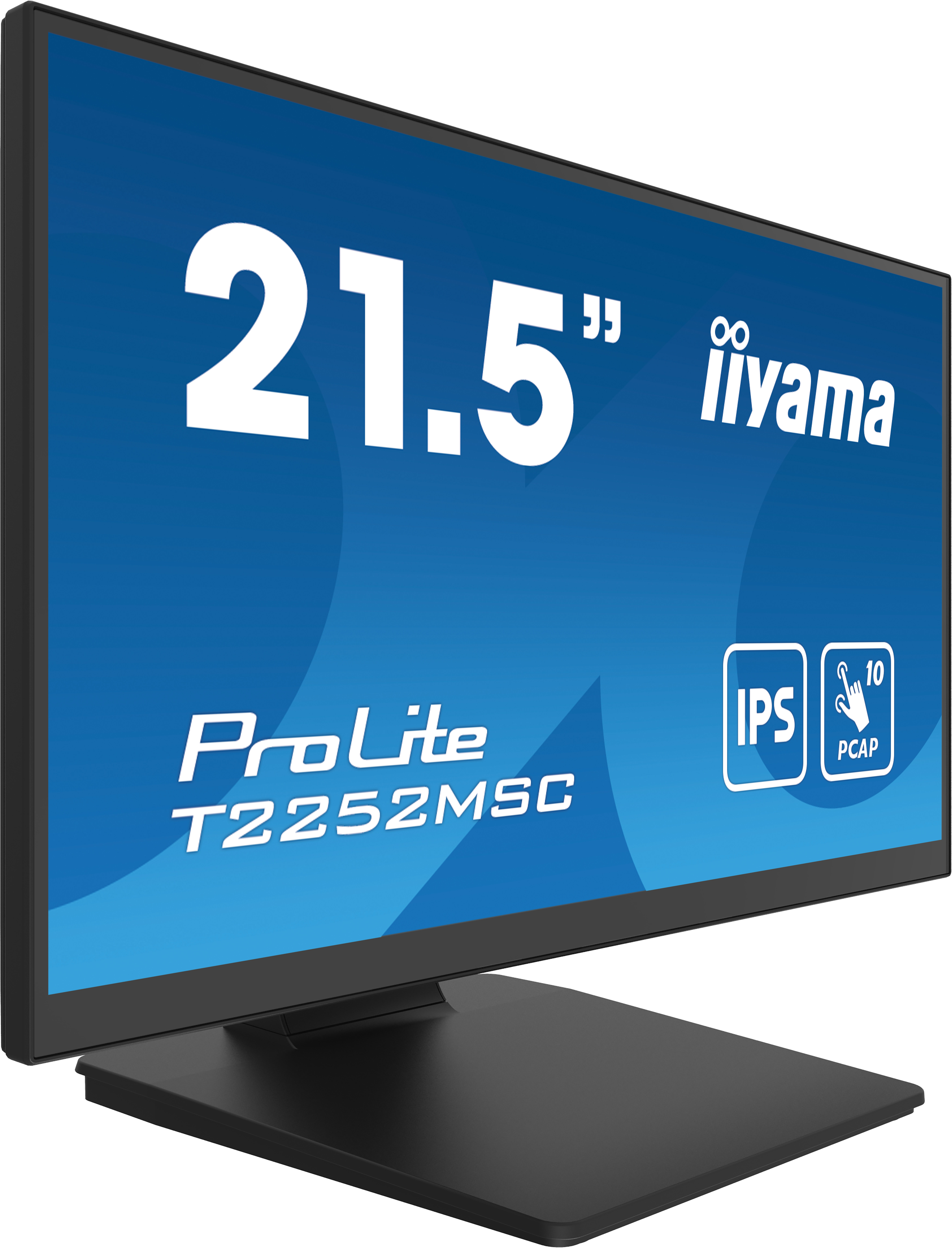 Monitor iiyama ProLite 21,5 cala. Ma czarną podstawę i ramkę oraz niebieski ekran z informacjami.