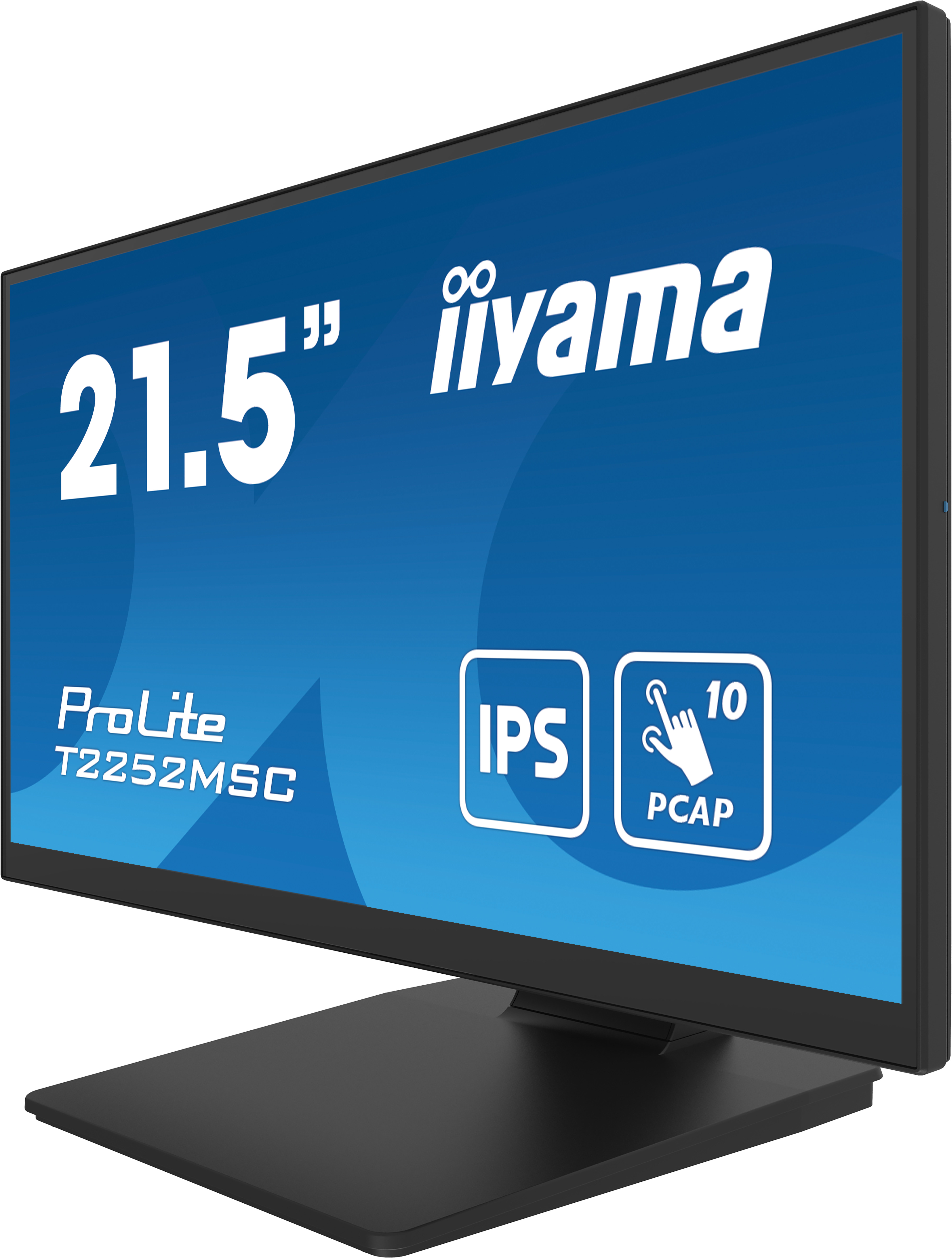 Czarny monitor Iiyama ProLite z ekranem dotykowym, na białym tle.