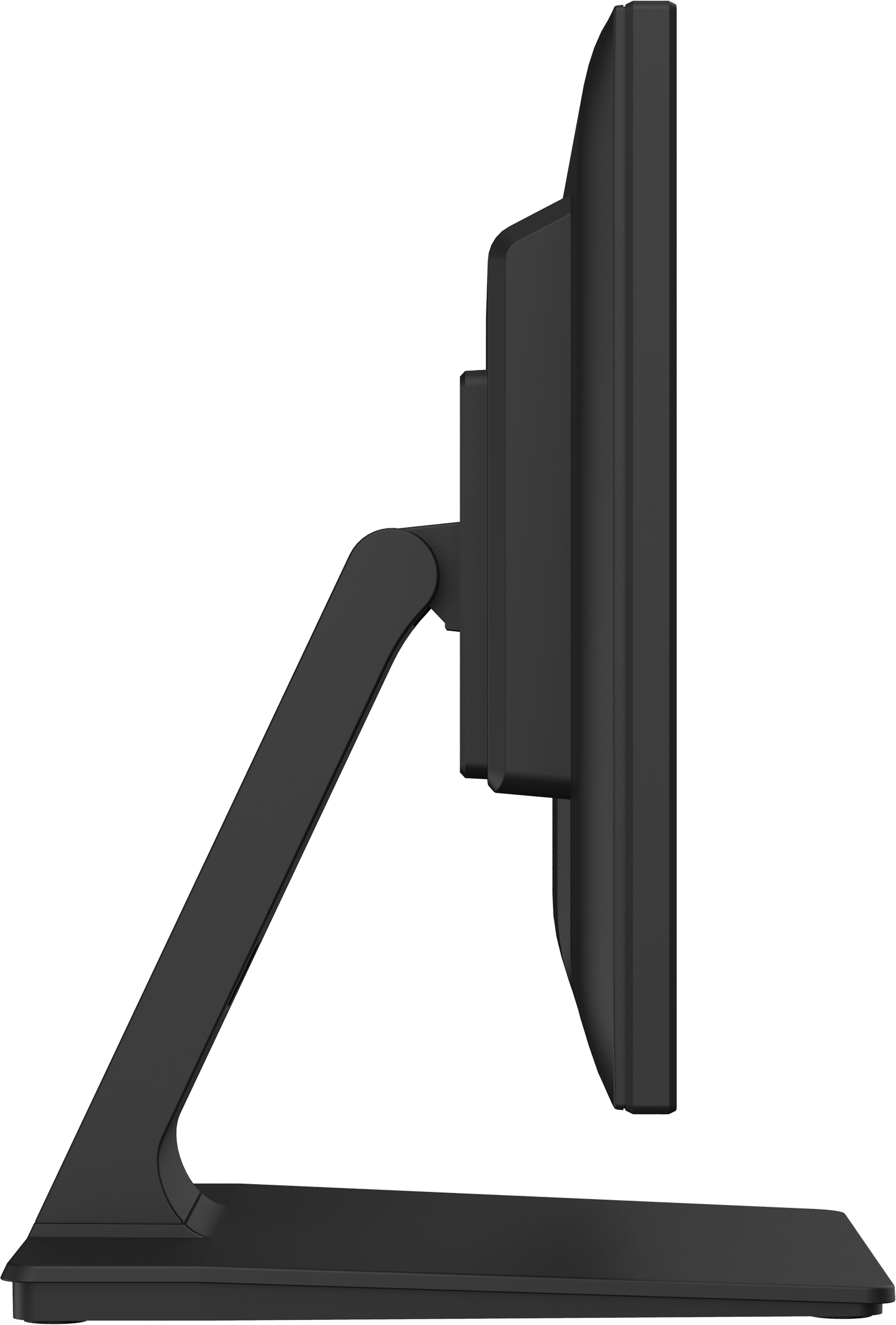 Czarny monitor komputerowy, widok z boku, pokazujący podstawę i ekran. Czarna podstawa i ramka.